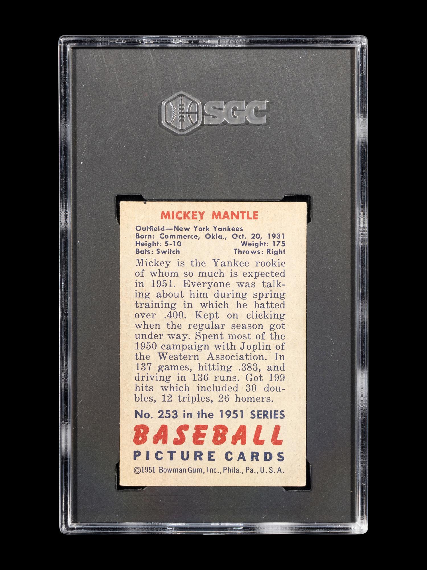 A 1951 Bowman Mickey Mantle Rookie Baseball Card No. 253 (SGC AUTHENTIC)