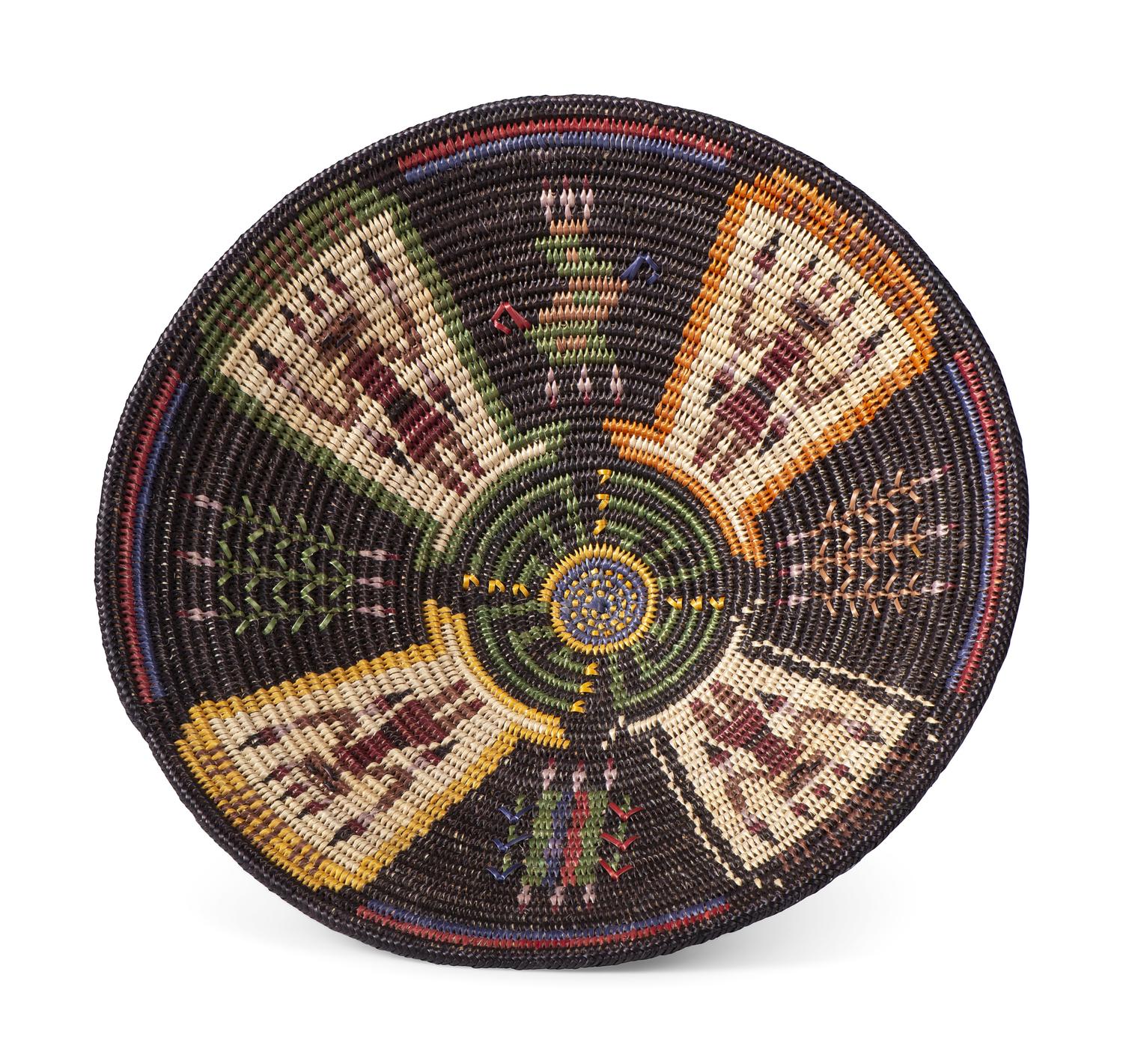 Polychrome Basketry Tray, With Four Figures and Corn Stalks