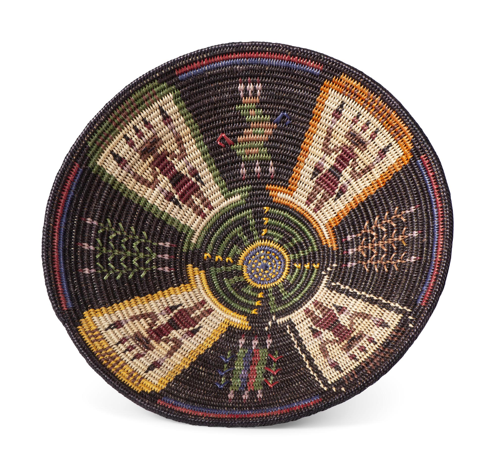 Polychrome Basketry Tray, With Four Figures and Corn Stalks