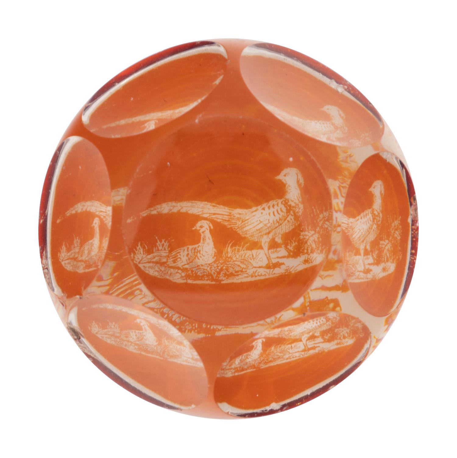 An Amber Stained Acid-Etched Pheasant Faceted Glass Paperweight