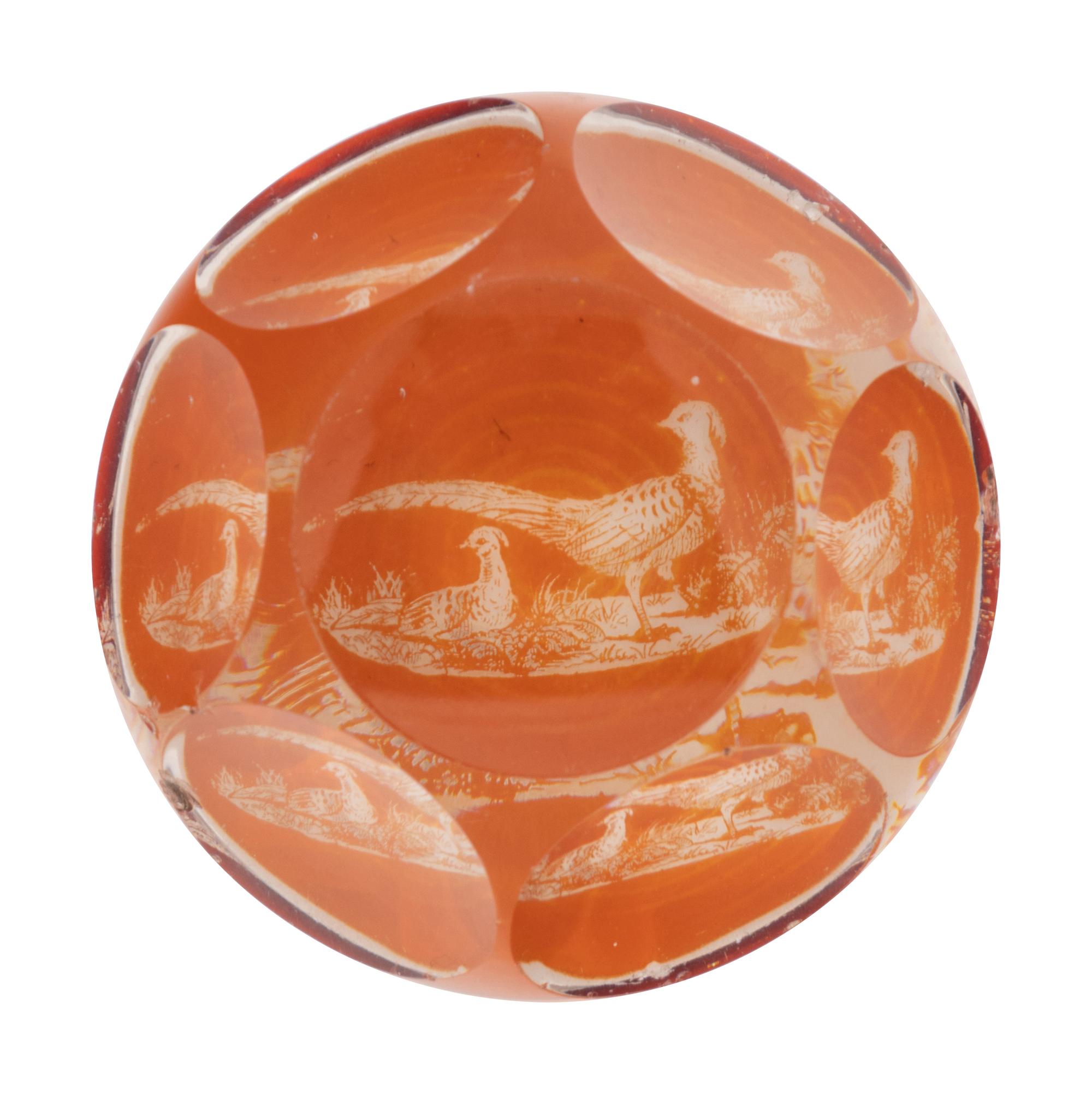 An Amber Stained Acid-Etched Pheasant Faceted Glass Paperweight