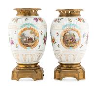 A Pair of German Gilt Bronze Mounted Porcelain Urns