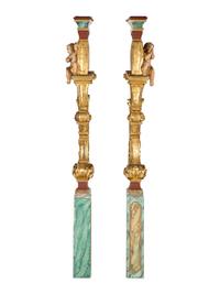 A Pair of Venetian Painted and Parcel Gilt Columns with Putti