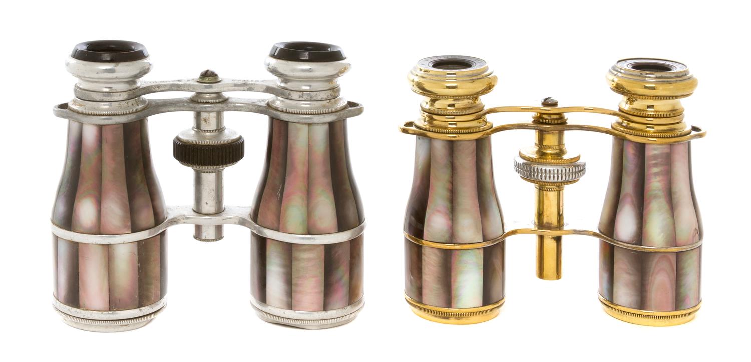 Two Pairs of French Mother-of-Pearl Veneered Opera Glasses, Colmont, Width of wider 4 inches.