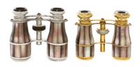 Two Pairs of French Mother-of-Pearl Veneered Opera Glasses, Colmont, Width of wider 4 inches.