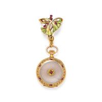 ART NOUVEAU, YELLOW GOLD, RUBY AND ENAMEL OPEN FACE LAPEL WATCH