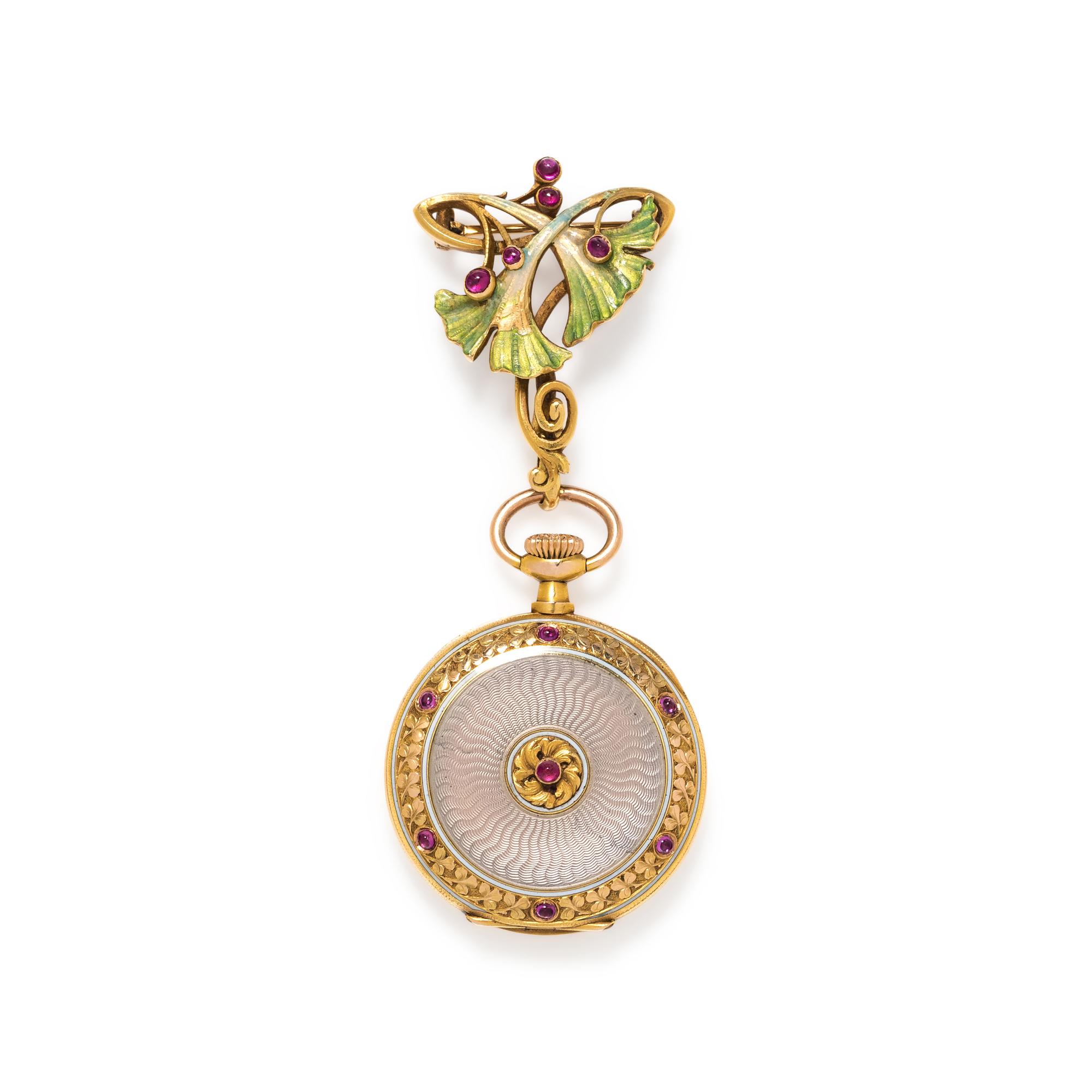 ART NOUVEAU, YELLOW GOLD, RUBY AND ENAMEL OPEN FACE LAPEL WATCH