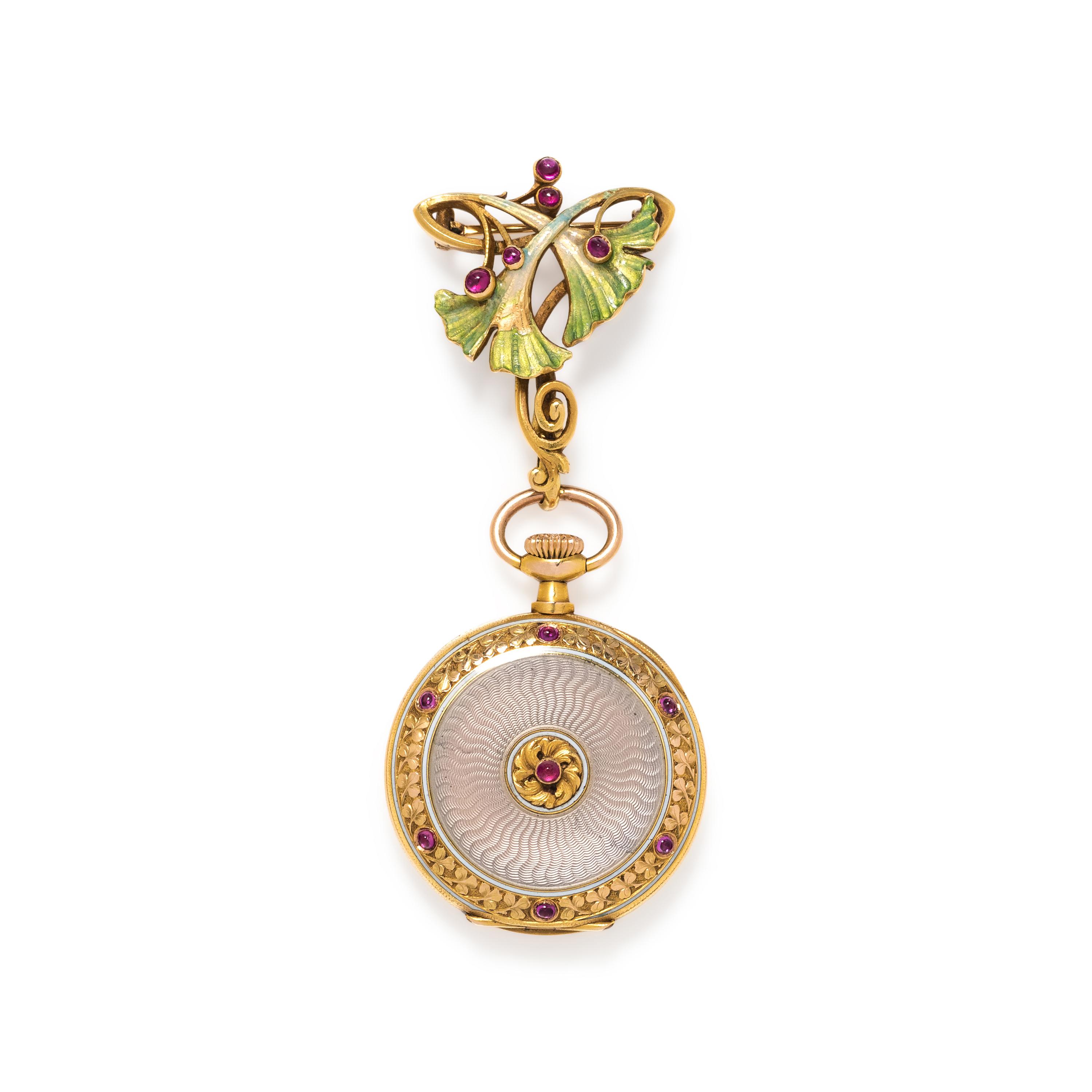 ART NOUVEAU, YELLOW GOLD, RUBY AND ENAMEL OPEN FACE LAPEL WATCH