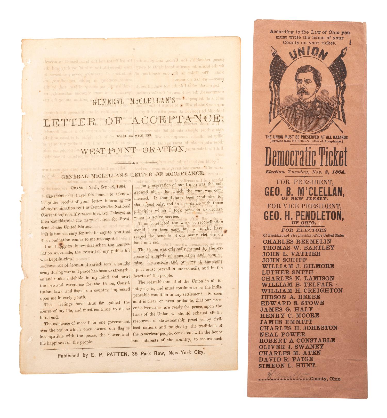 [McCLELLAN, George B. (1826-1885)]. A group of covers, pamphlets, a ballot, and broadsheet related to General McClellan's 1864 presidential campaign.