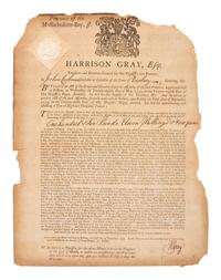 [COLONIAL]. GRAY, Harrison (1711-1794). Broadside signed. Boston, 1 Nov. 1755.