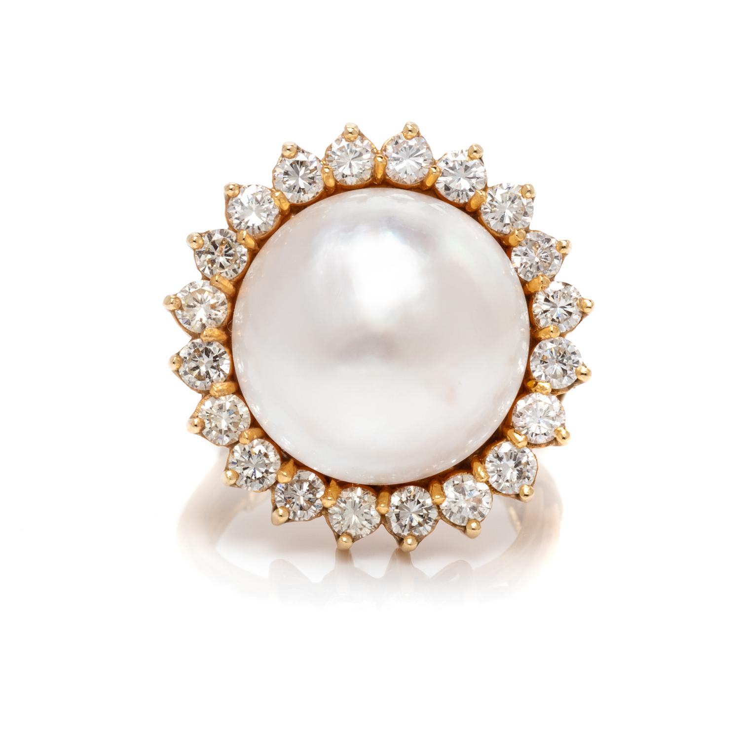 A Yellow Gold, Cultured Mabe Pearl and Diamond Ring,