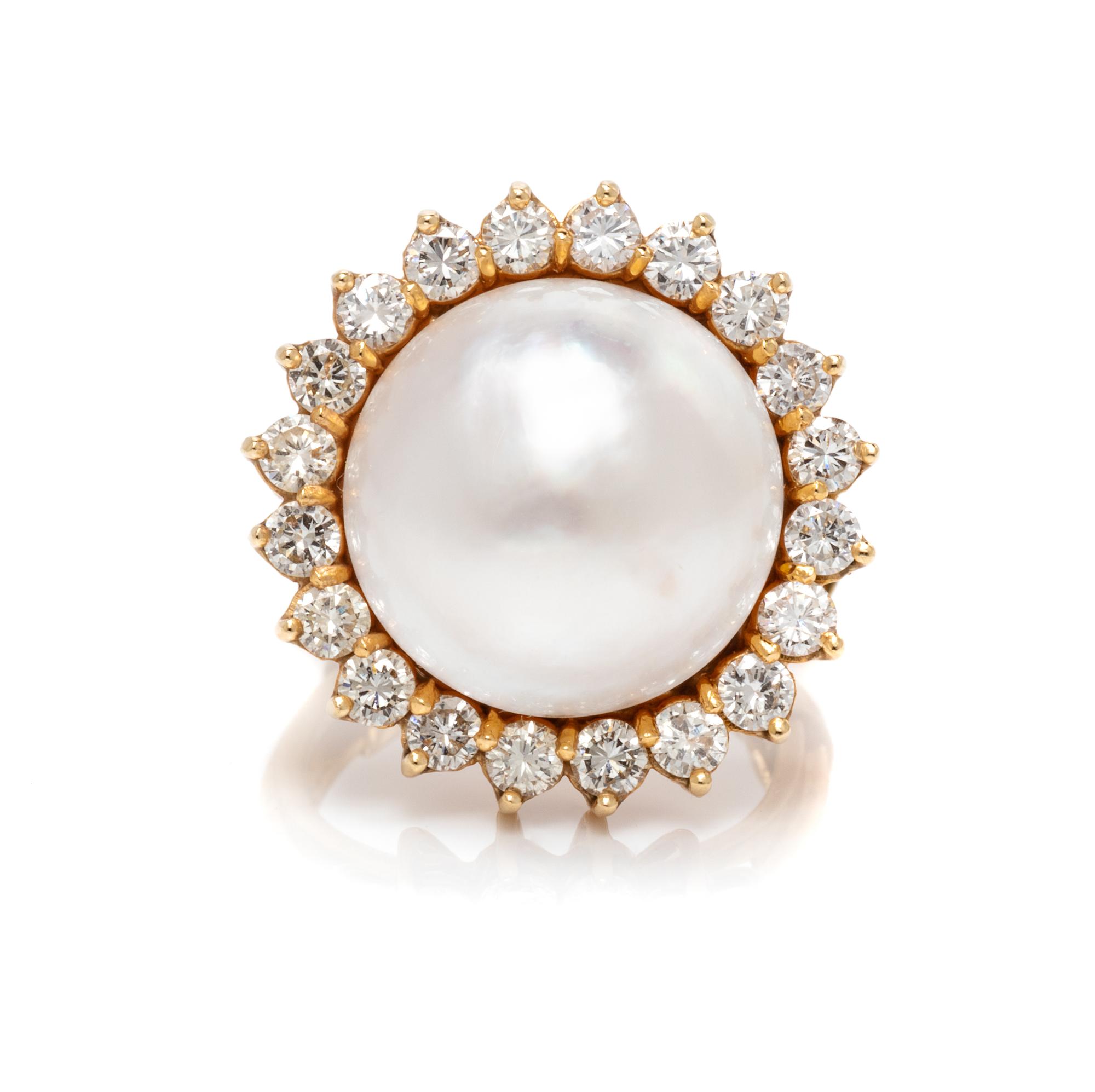 A Yellow Gold, Cultured Mabe Pearl and Diamond Ring,