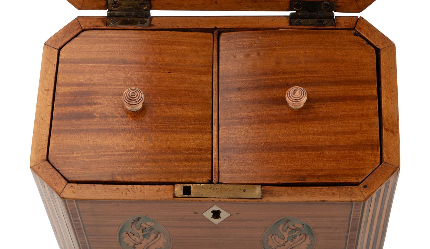 A Group of Three George III Harewood and Marquetry Tea Caddies