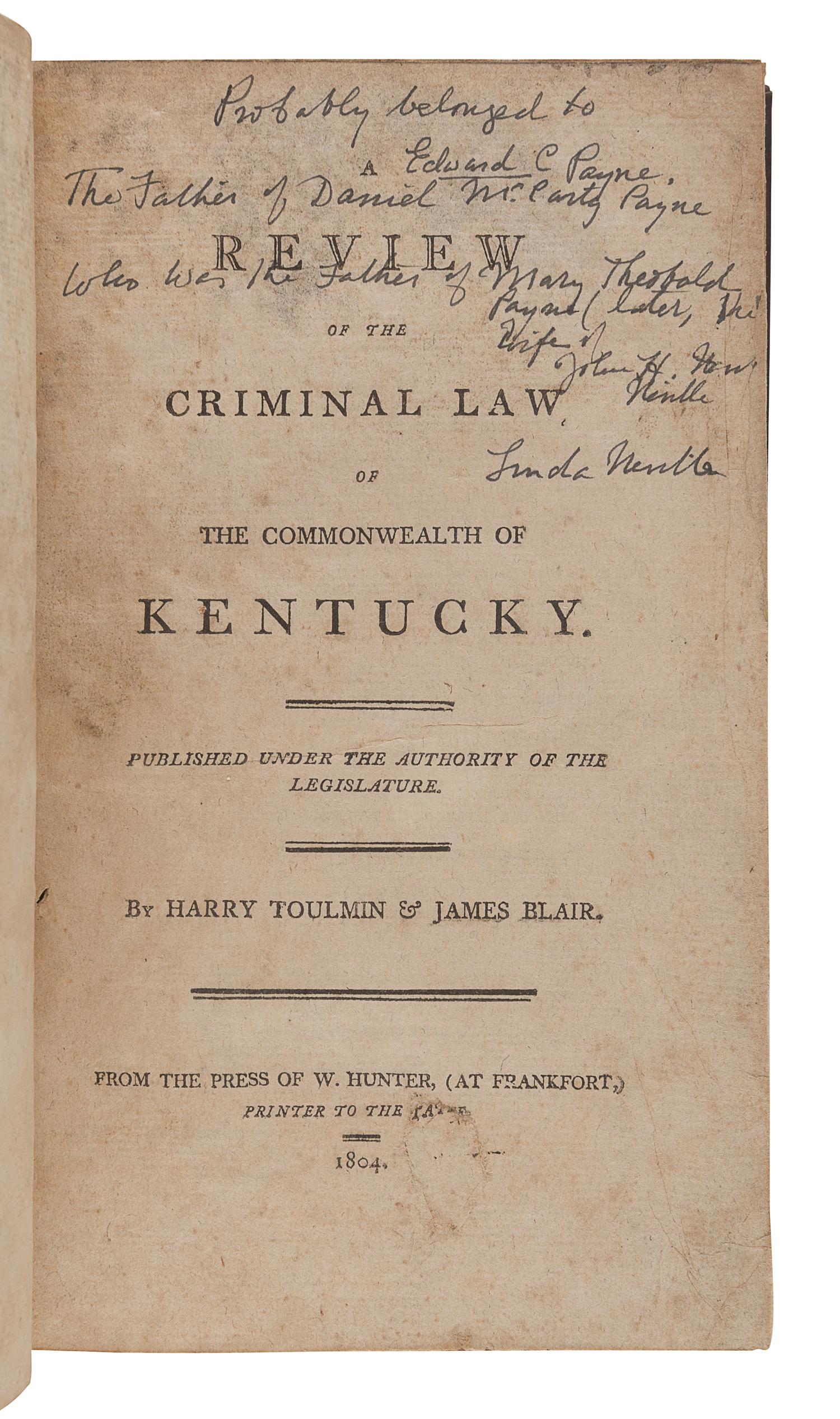 [KENTUCKY--JURISPRUDENCE]. A group of 4 works, comprising: