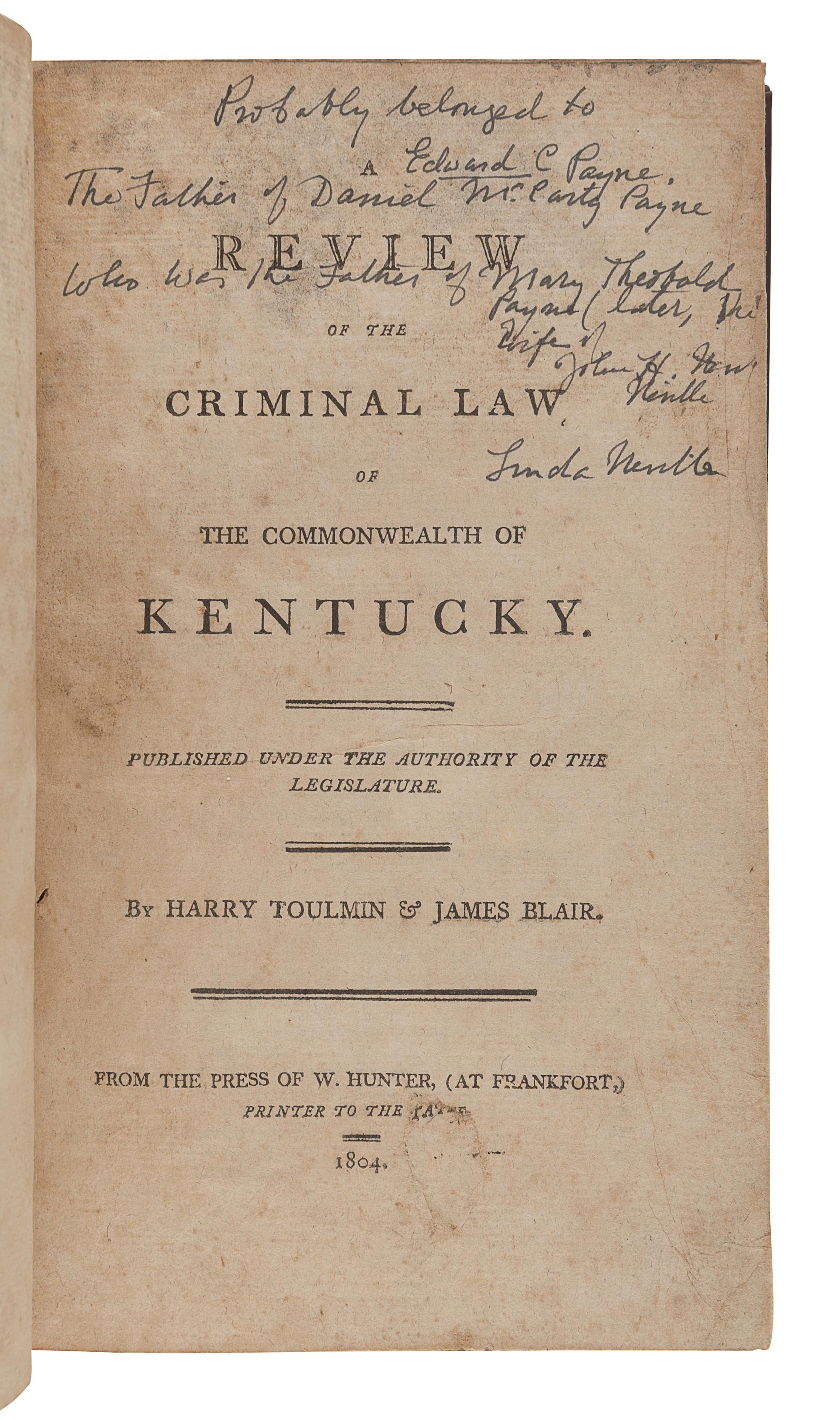 [KENTUCKY--JURISPRUDENCE]. A group of 4 works, comprising: