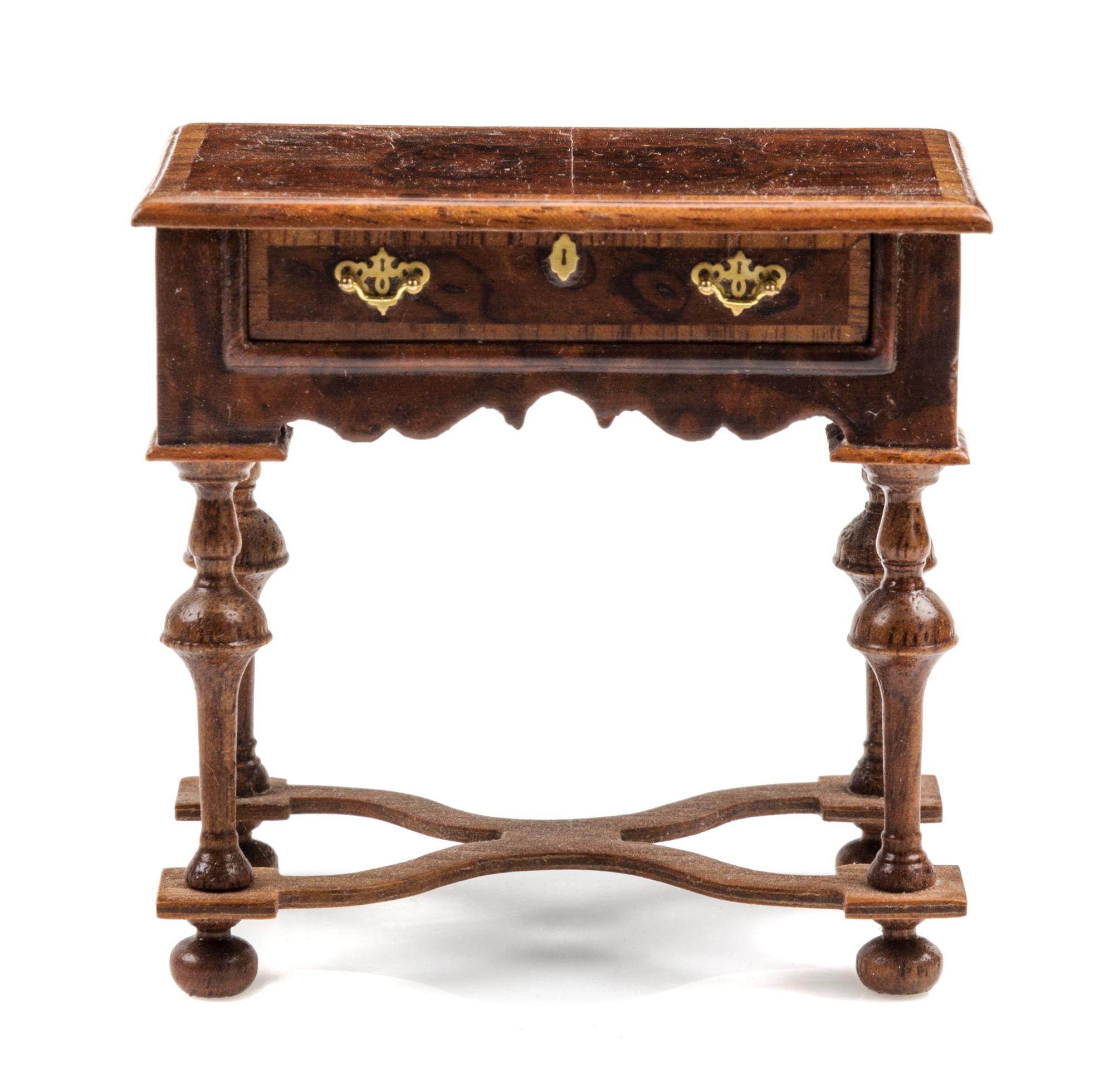 A William and Mary Style Burlwood Lowboy Height 2 1/2 x width 2 1/2 x depth 1 1/2 inches. — John J. Hodgson, 1996