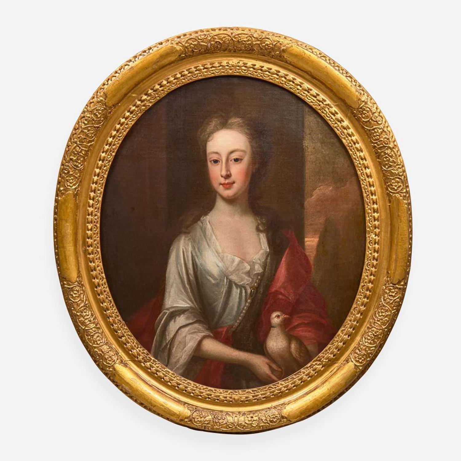 Manner of Sir Godfrey Kneller (British, 1646-1723) Portrait of a Young Girl in White with Red Shawl Holding a Dove, Bust-Length