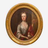 Manner of Sir Godfrey Kneller (British, 1646-1723) Portrait of a Young Girl in White with Red Shawl Holding a Dove, Bust-Length