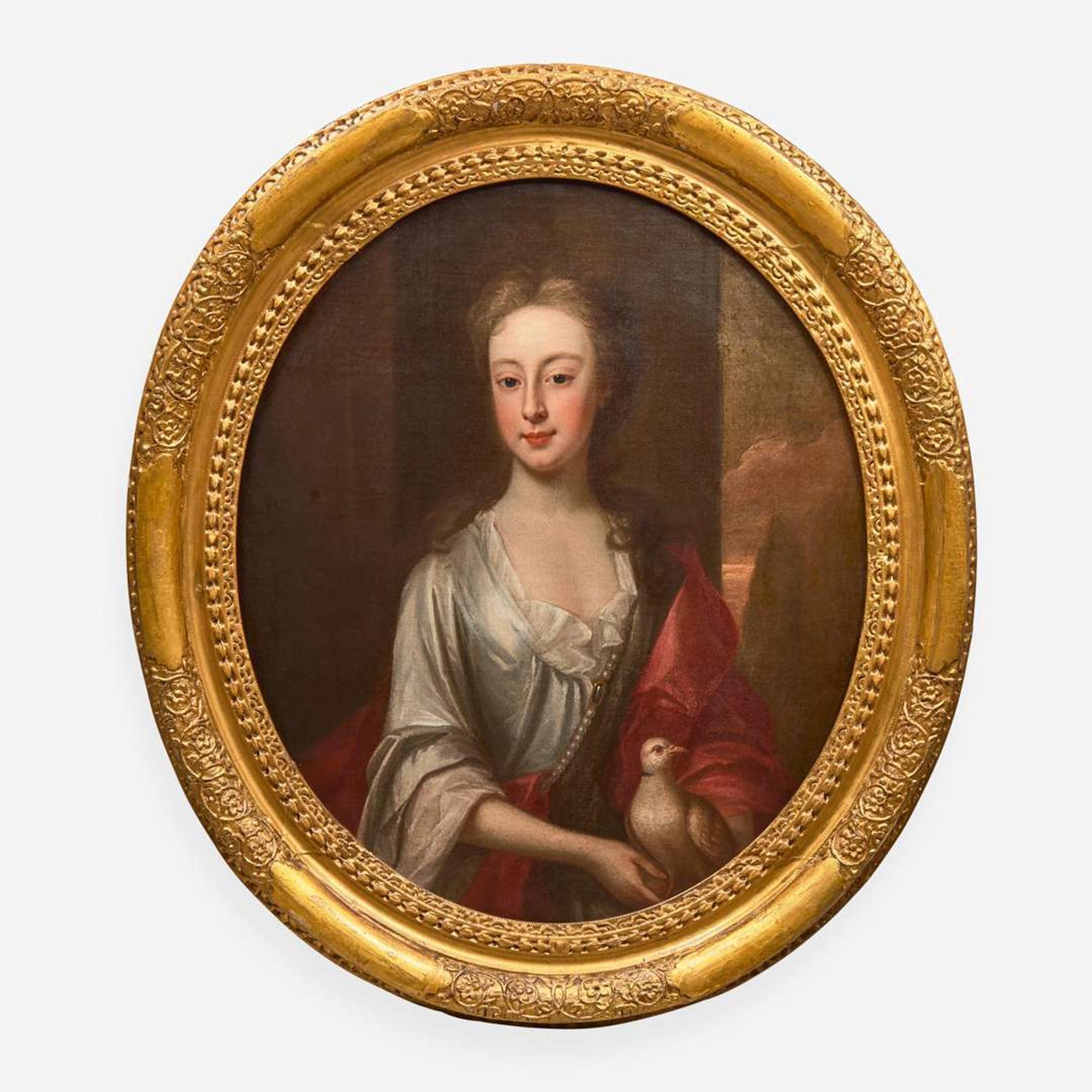 Manner of Sir Godfrey Kneller (British, 1646-1723) Portrait of a Young Girl in White with Red Shawl Holding a Dove, Bust-Length