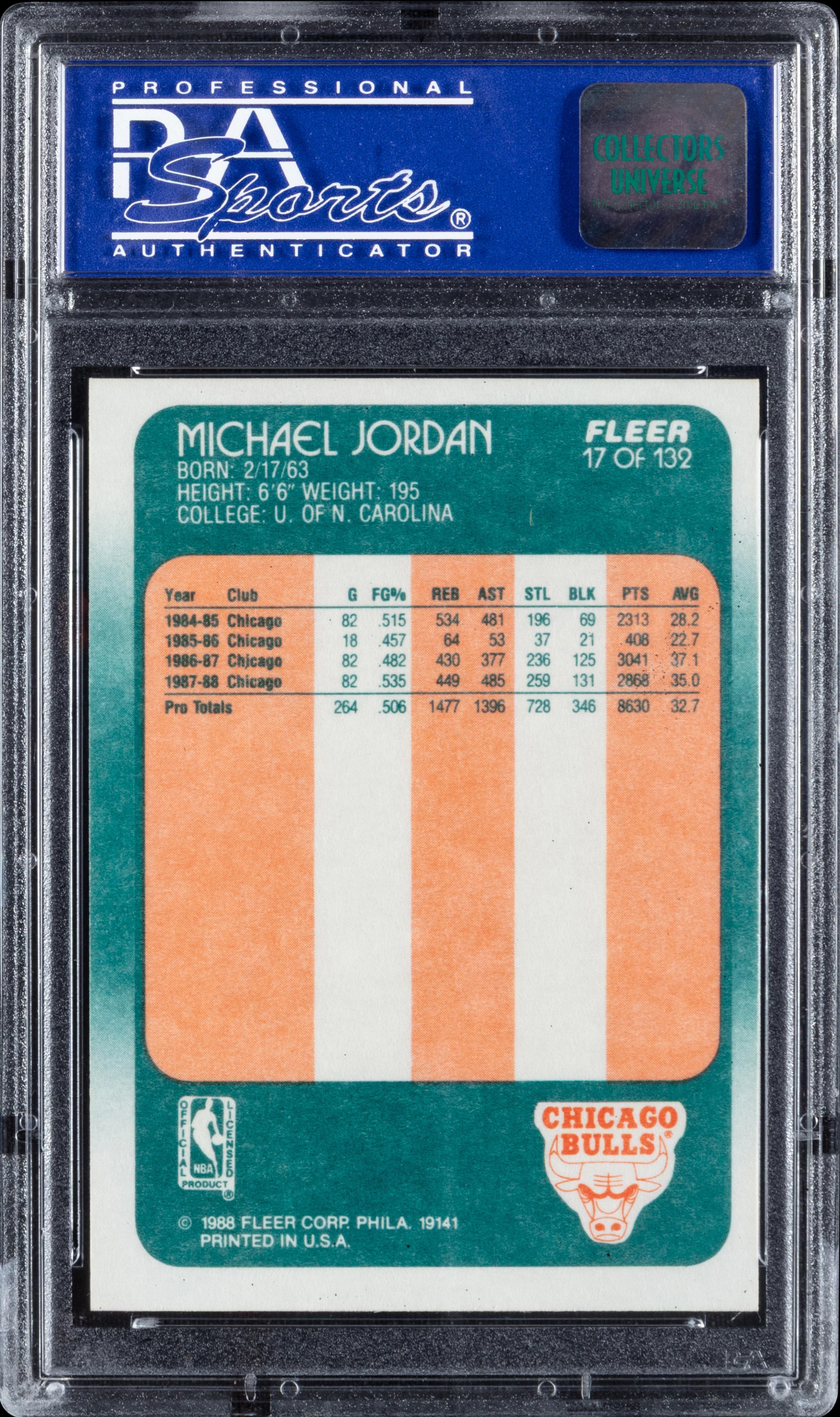 A 1988 Fleer Michael Jordan Basketball Card No. 17 (PSA 9 MINT)