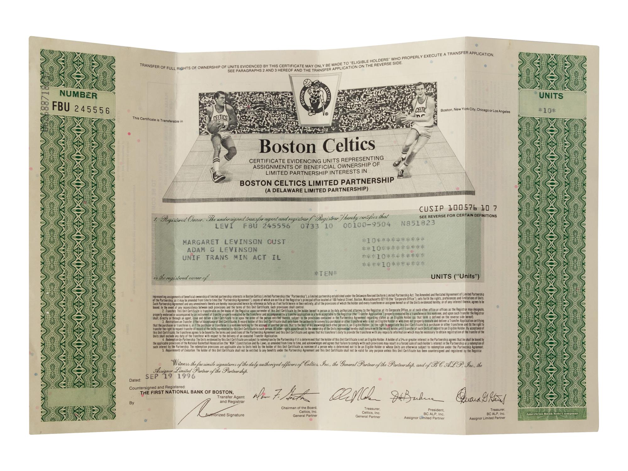 A 1996 Boston Celtics Stock Certificate,