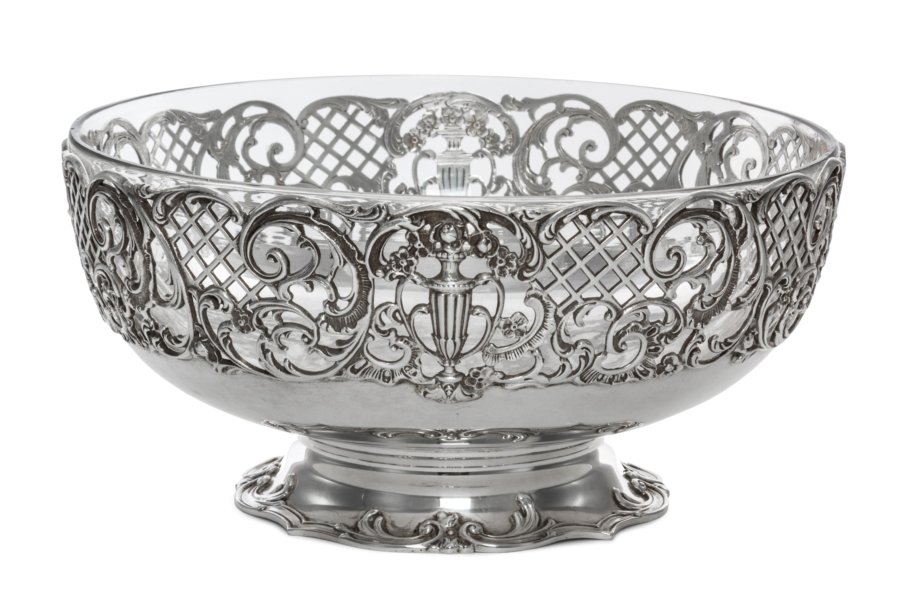 An American Silver Bowl, Shreve & Co., San Francisco, CA, 1920, circular, the upper body pierced with flowering urns and lattice spaced