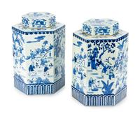 A Pair of Chinese Blue and White Porcelain Hexagonal Tea Canisters and Covers