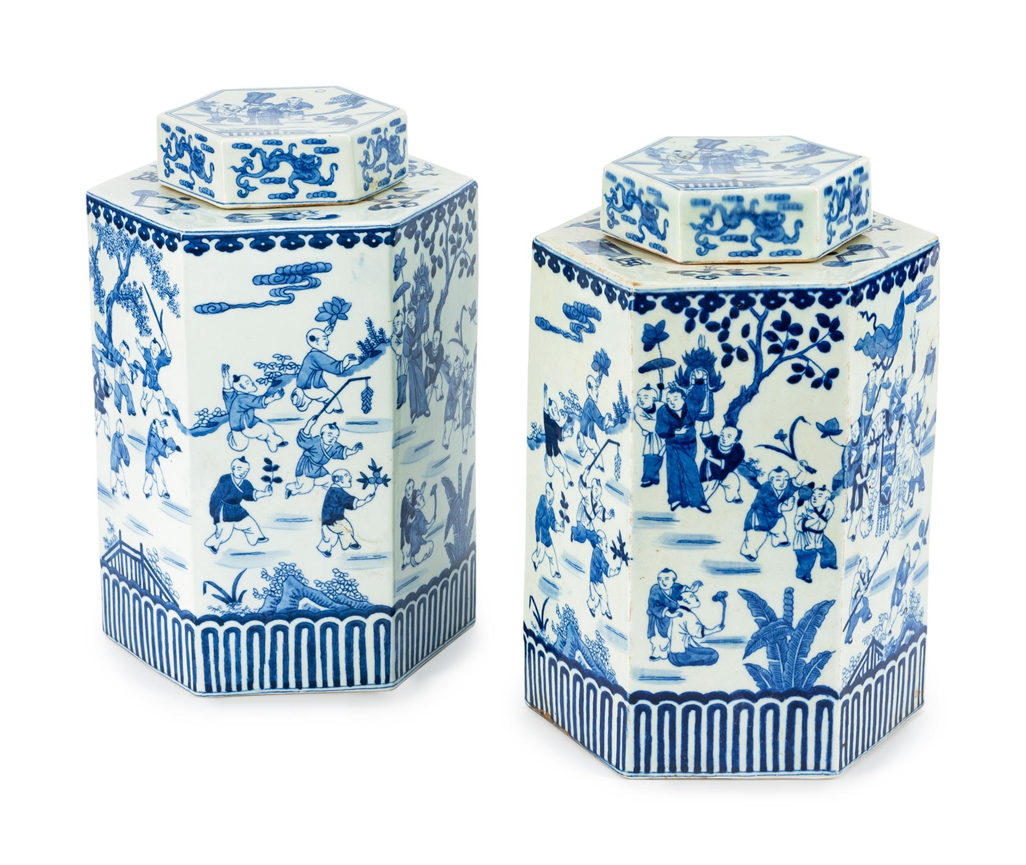 A Pair of Chinese Blue and White Porcelain Hexagonal Tea Canisters and Covers