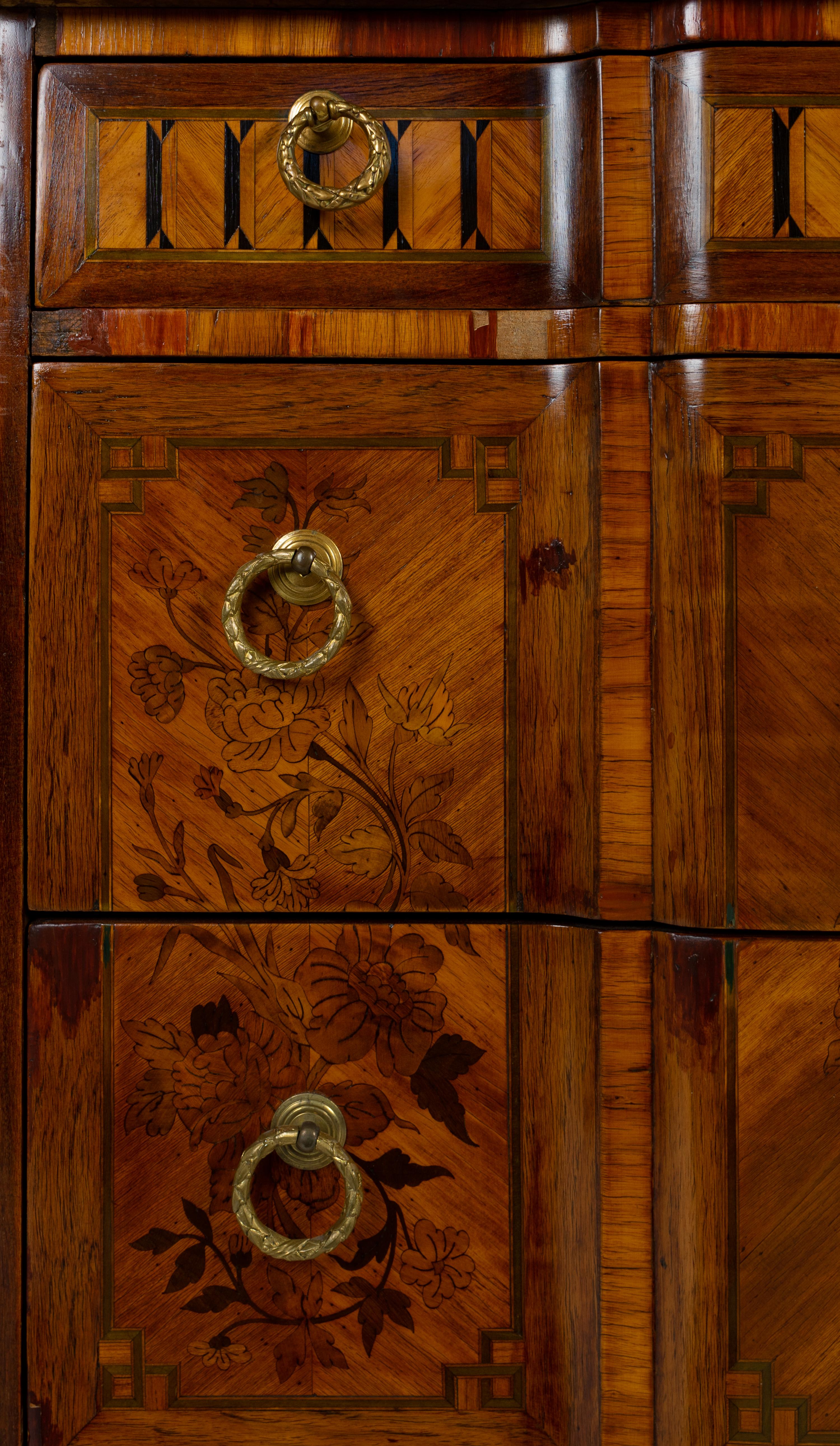 A Louis XV/XVI Transitional Style Marquetry Marble-Top Commode