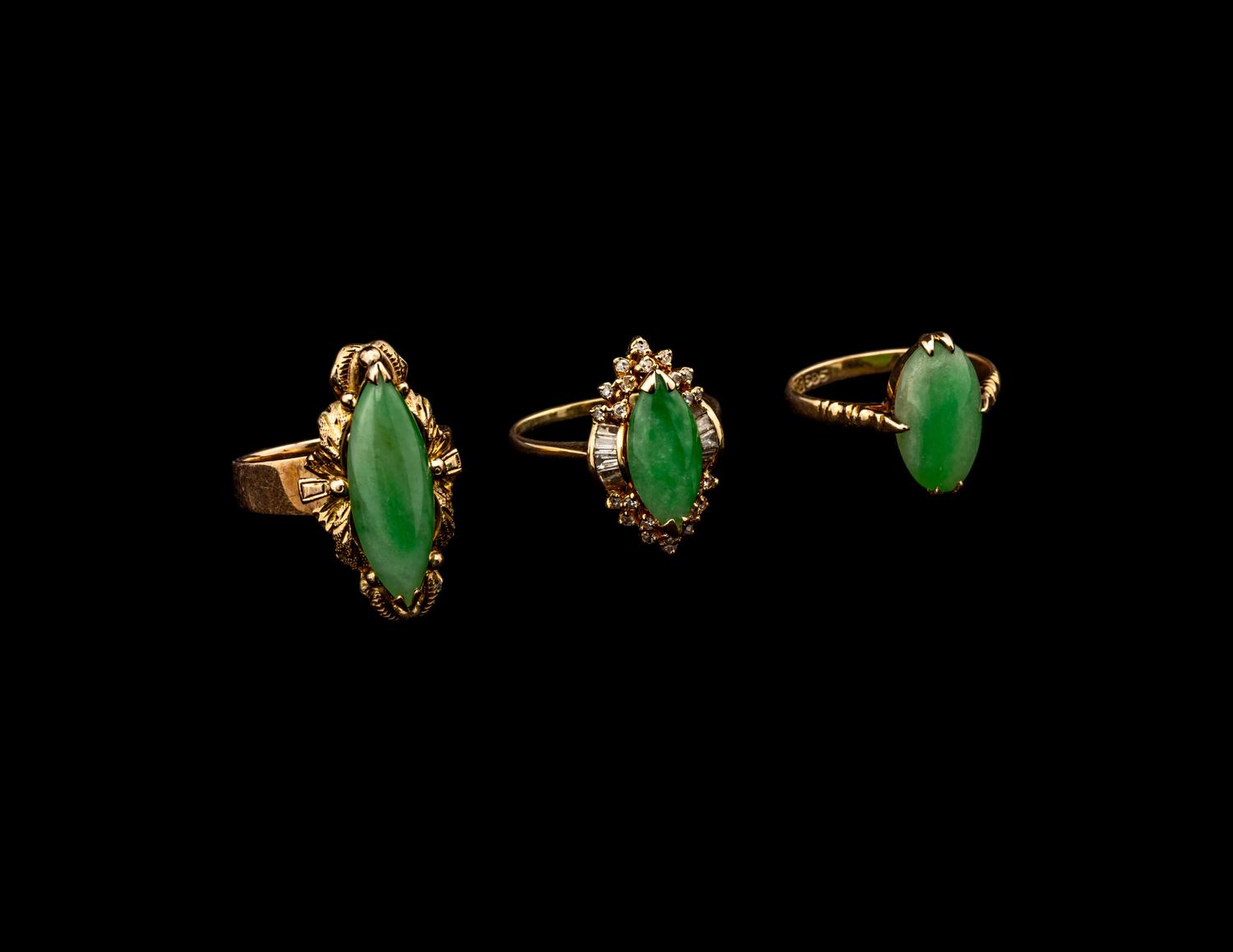 Three Chinese Apple Green Inset Gold Mounted Rings