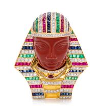 A Yellow Gold, Diamond, Carved Jasper and Multigem Pharaoh Motif Brooch, 23.00 dwts.