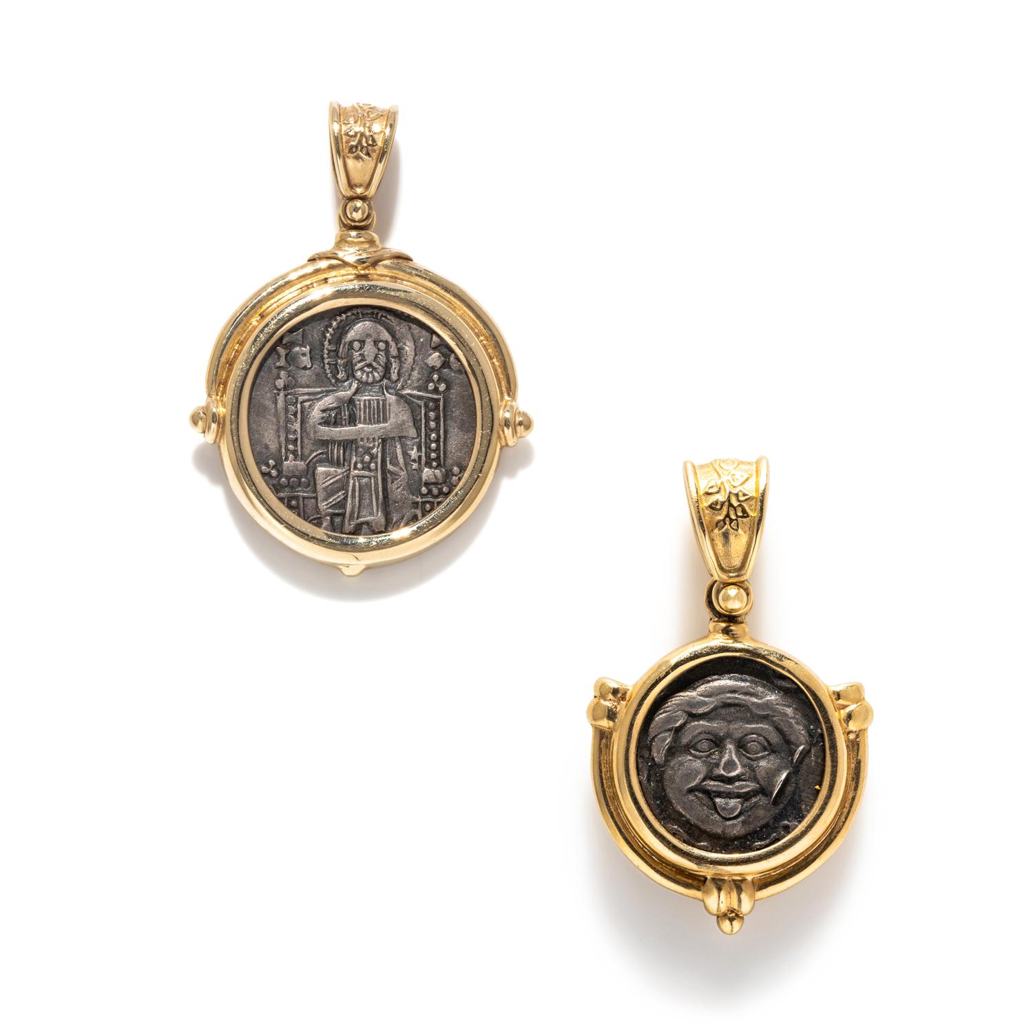 Two Greek and Byzantine Silver Coins — Set in gold pendants