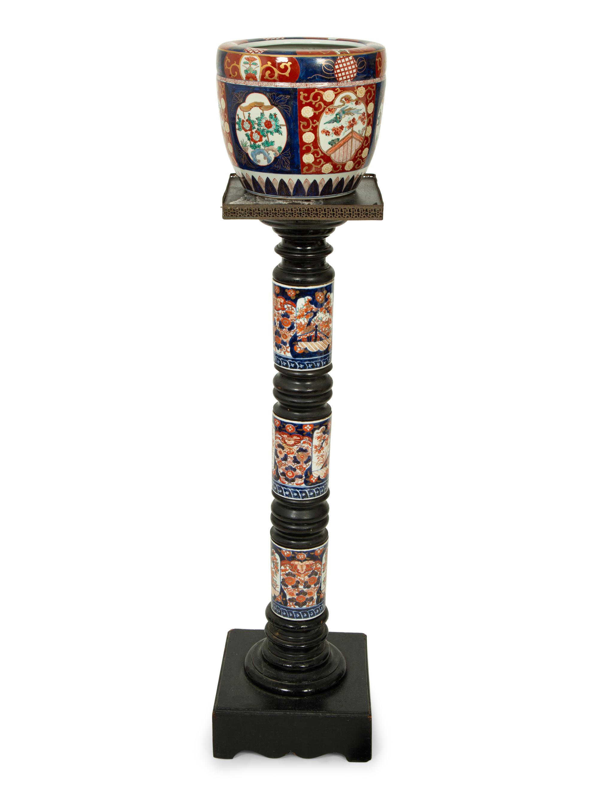 An Imari Porcelain Jardiniere on an Ebonized Pedestal with Imari Porcelain Mounts — 19TH/20TH CENTURY