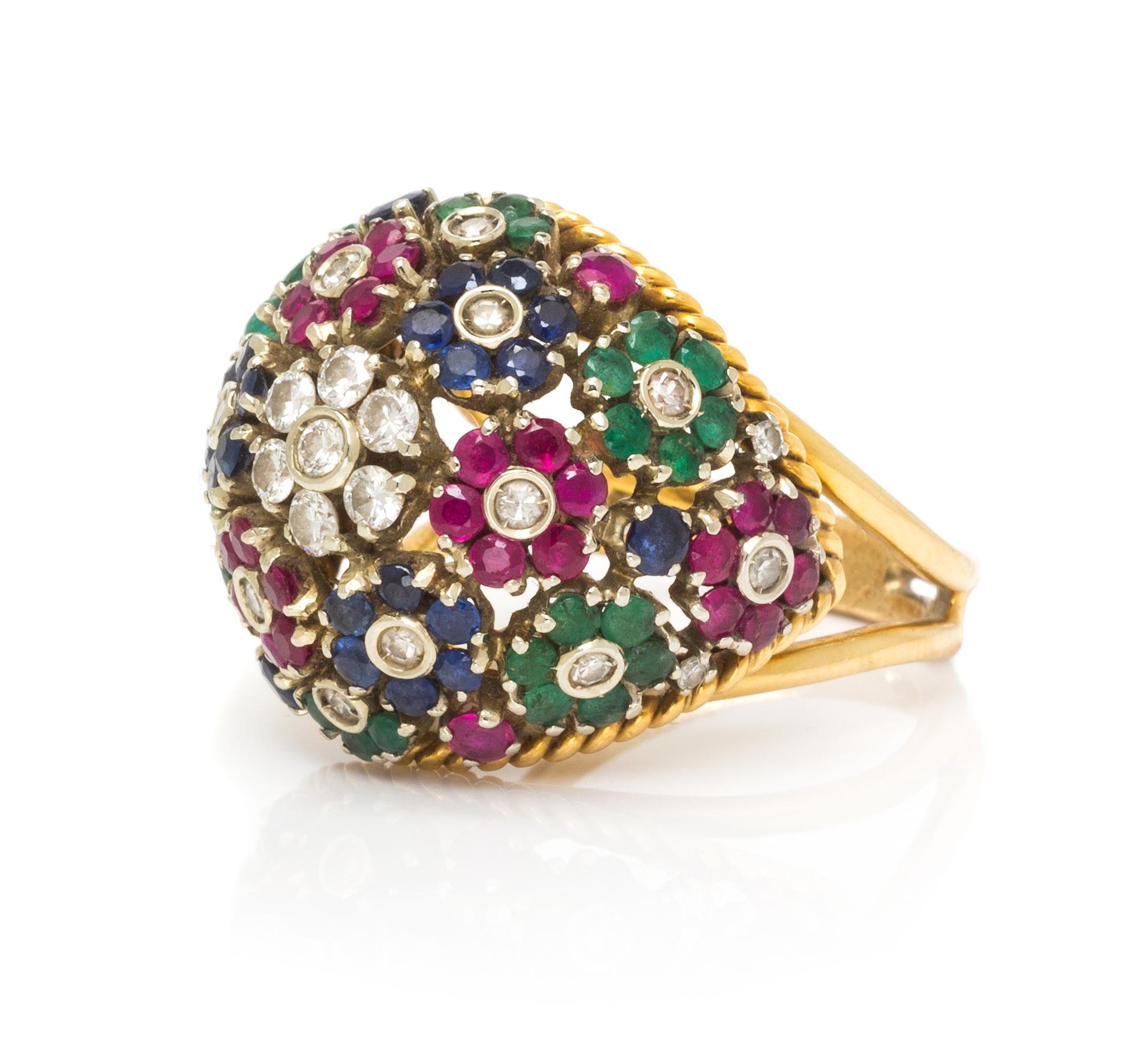 A Bicolor Gold, Diamond and Multigem Bombe' Ring, 7.85 dwts.