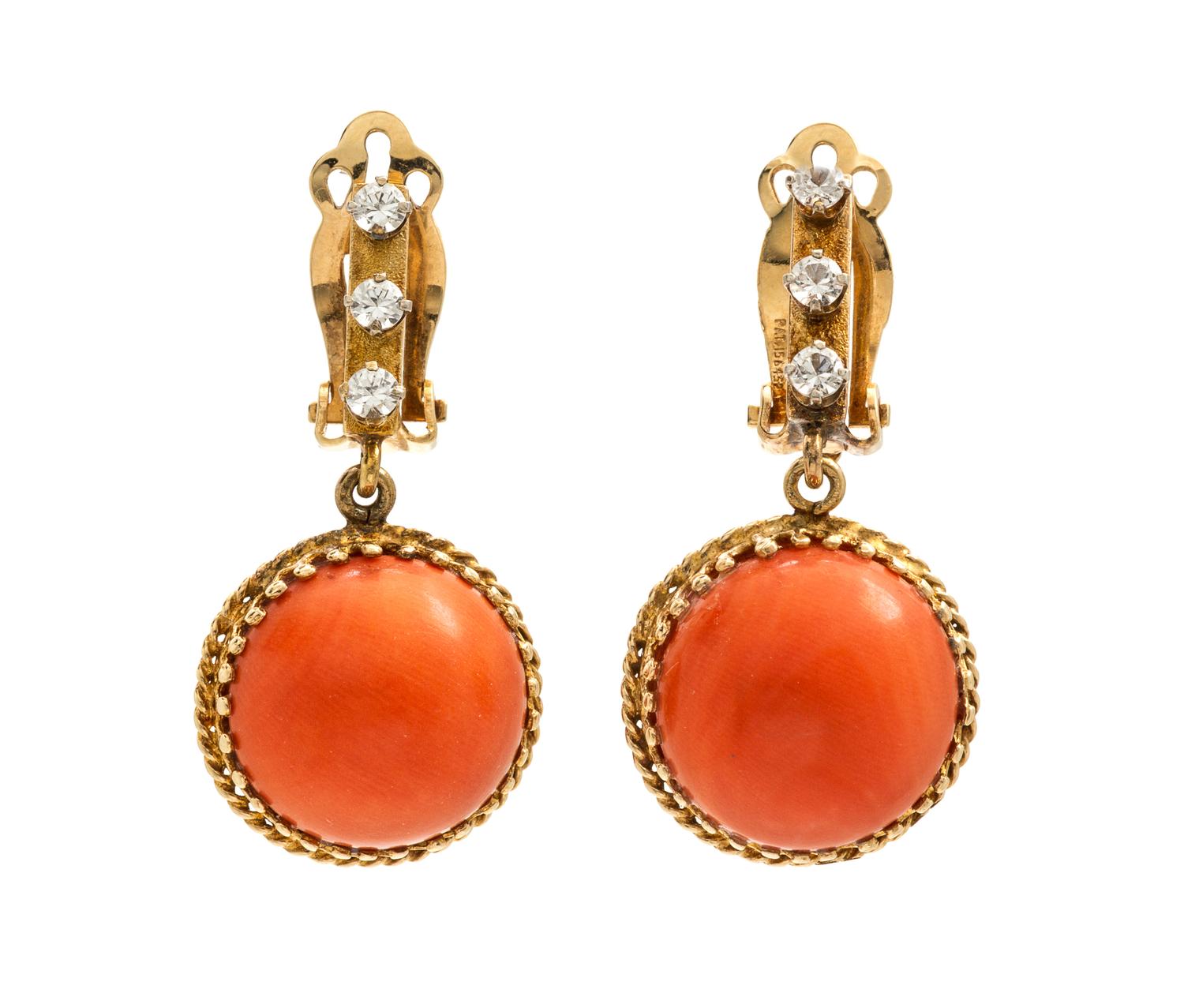 A Pair of 14 Karat Yellow Gold, Coral and Simulated Gemstone Earclips, 6.10 dwts.