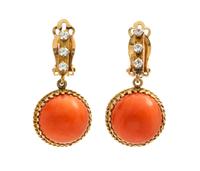 A Pair of 14 Karat Yellow Gold, Coral and Simulated Gemstone Earclips, 6.10 dwts.