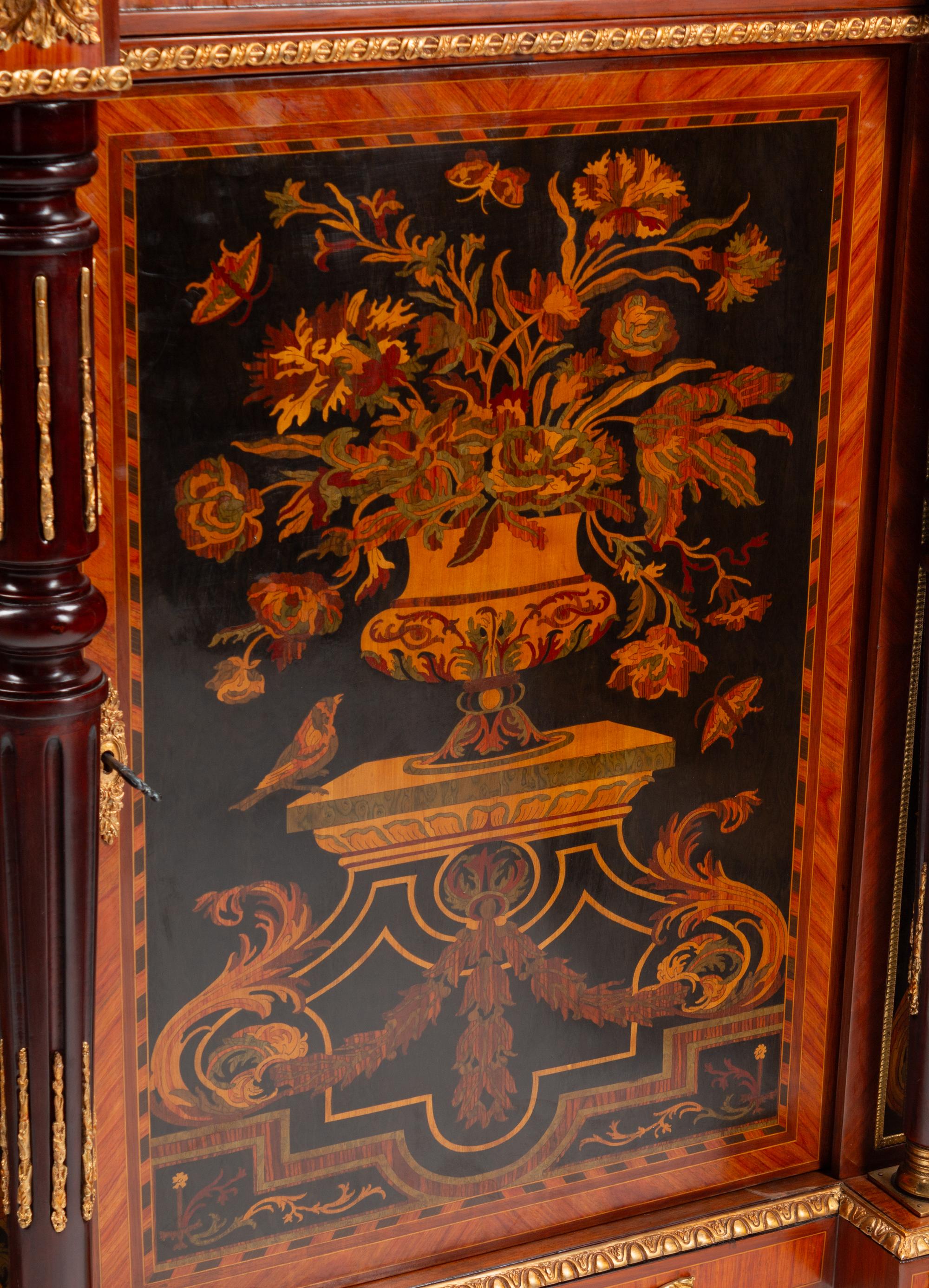 A Pair of Louis XVI Style Gilt Bronze Mounted Marquetry Marble-Top Console Cabinets