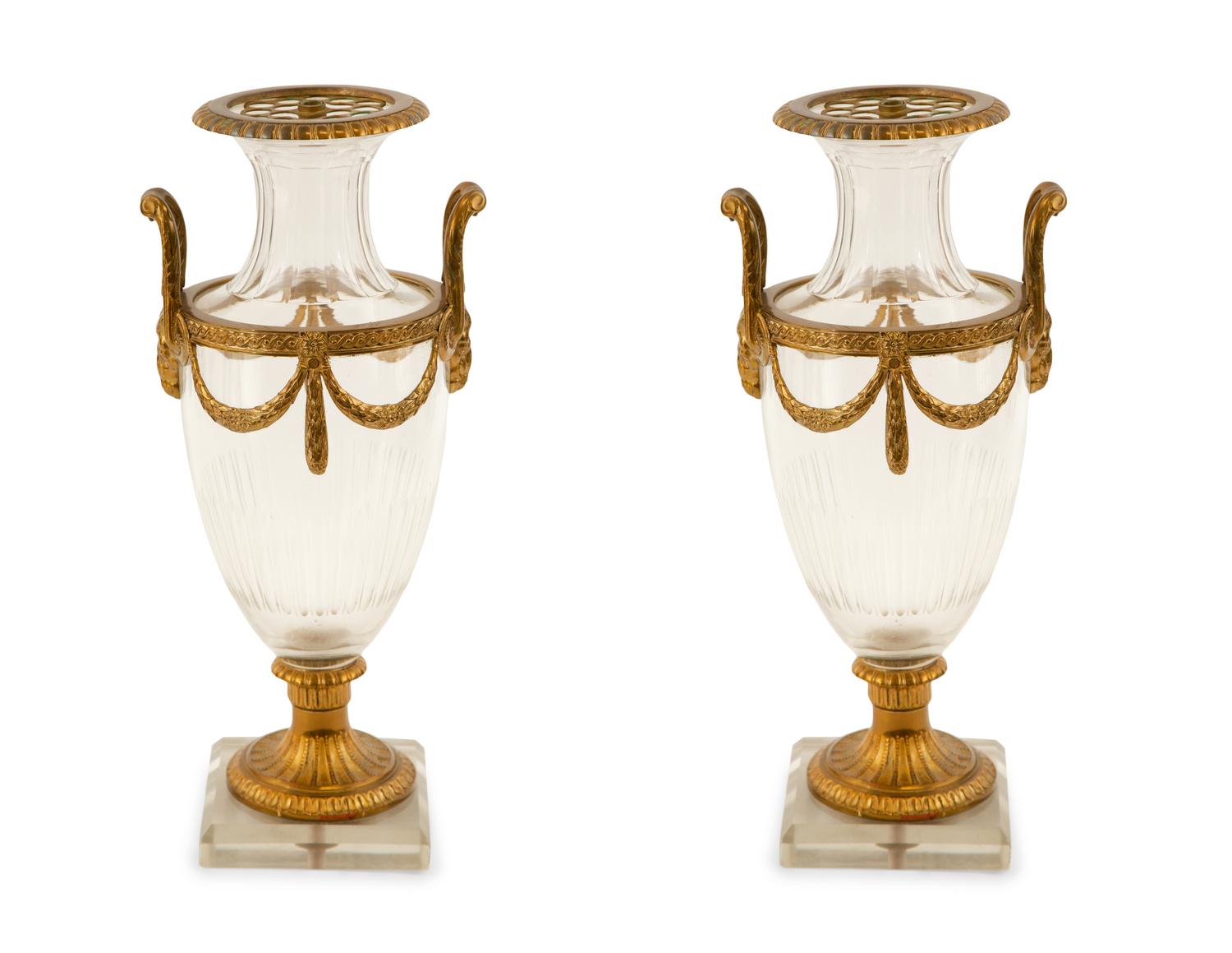 A Pair of French Empire Style Gilt-Metal Mounted Glass Vases — 20th Century