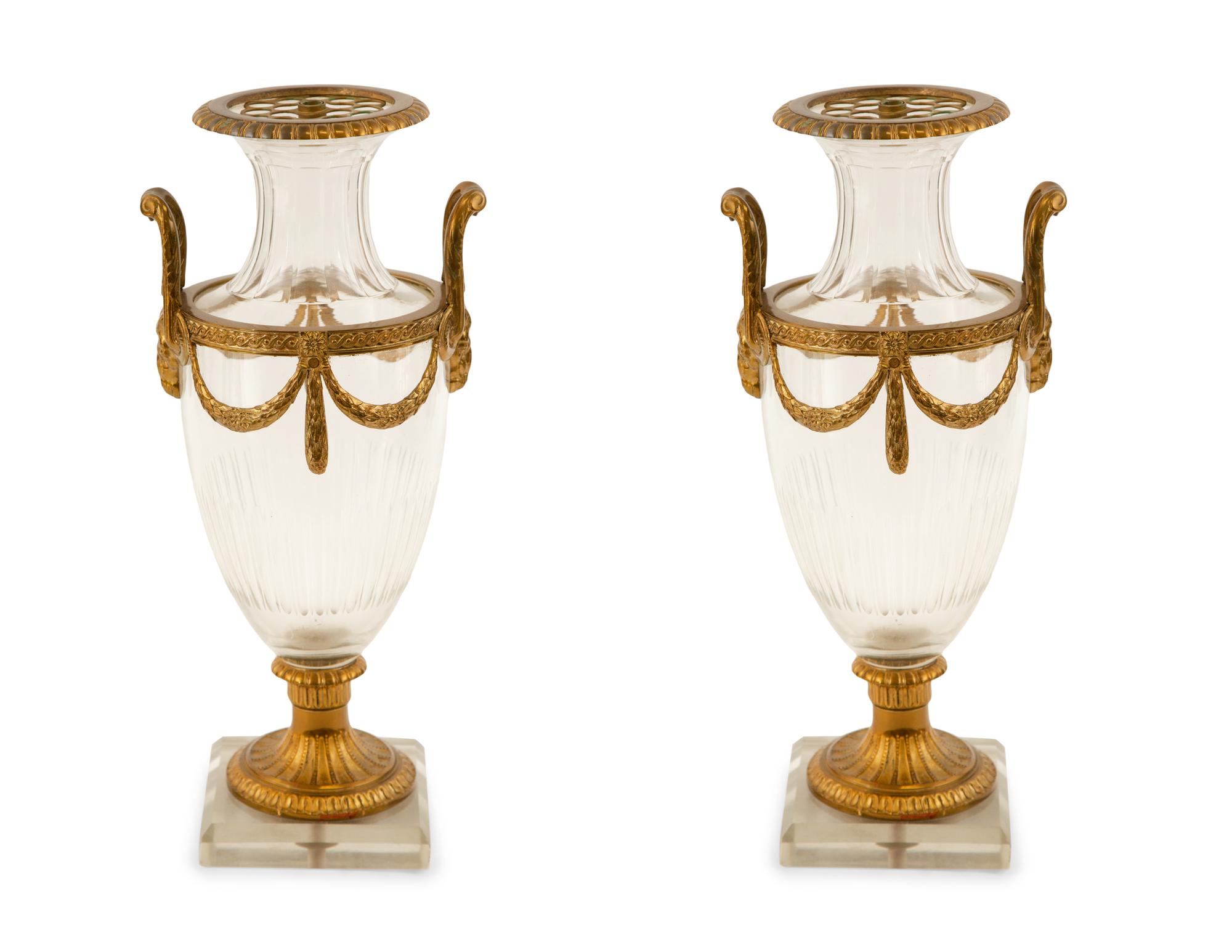 A Pair of French Empire Style Gilt-Metal Mounted Glass Vases — 20th Century