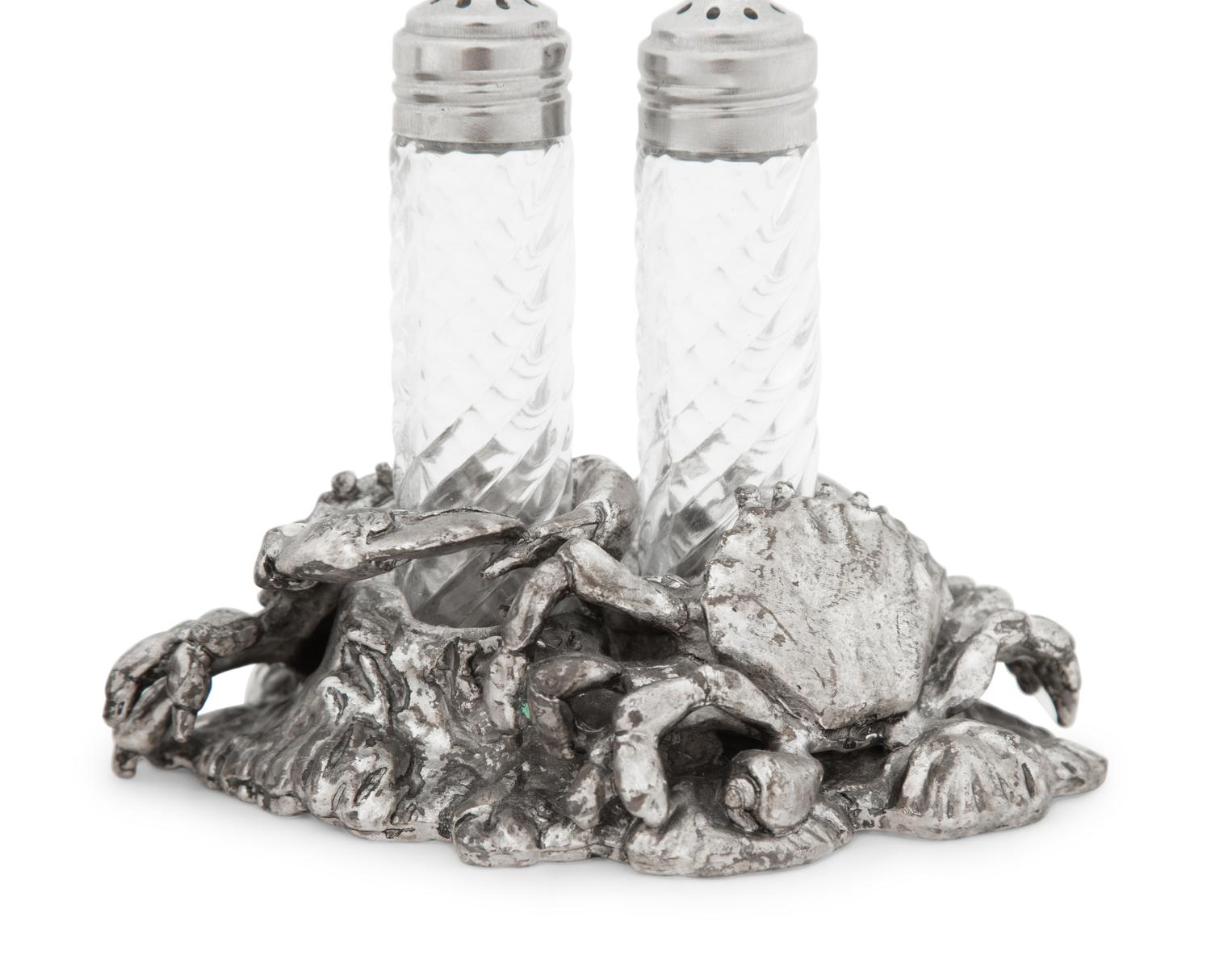 A Silvered Metal and Cut Glass 'Crab' Shaker Set