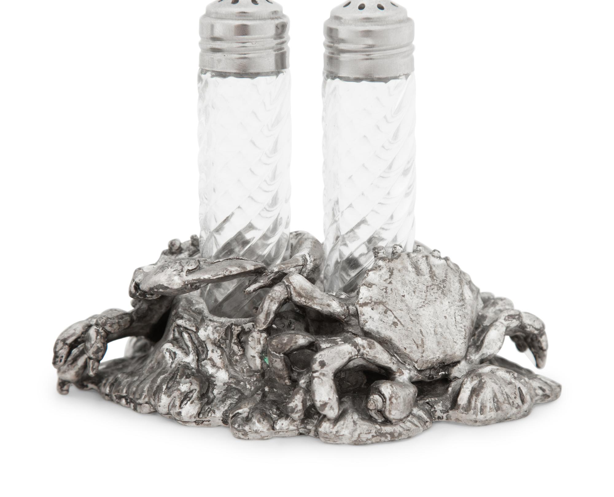 A Silvered Metal and Cut Glass 'Crab' Shaker Set