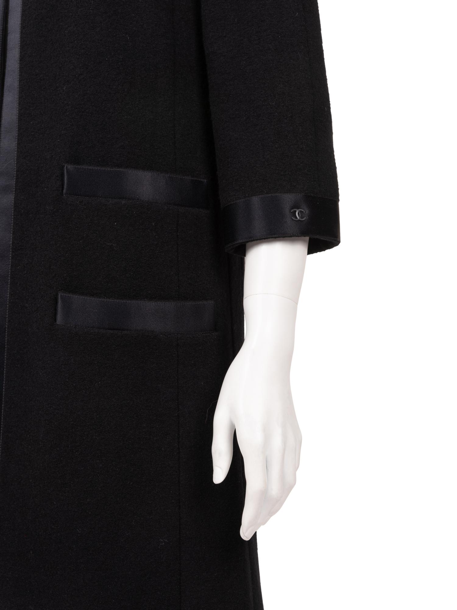 Chanel Wool Coat with Satin Trim and Bow, 1990-2000s