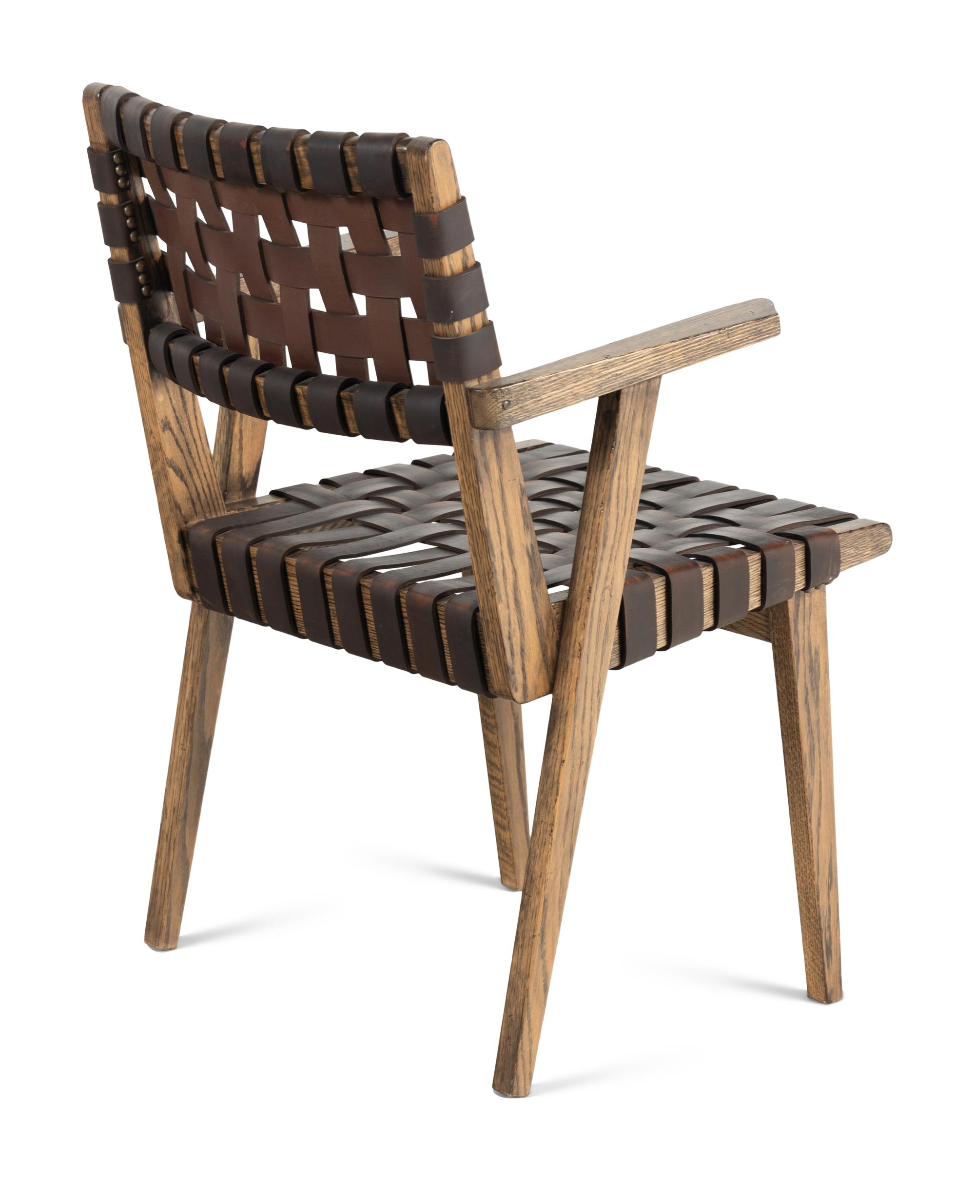 A Pair of Contemporary Wood and Leather Chairs with a Similar Stool