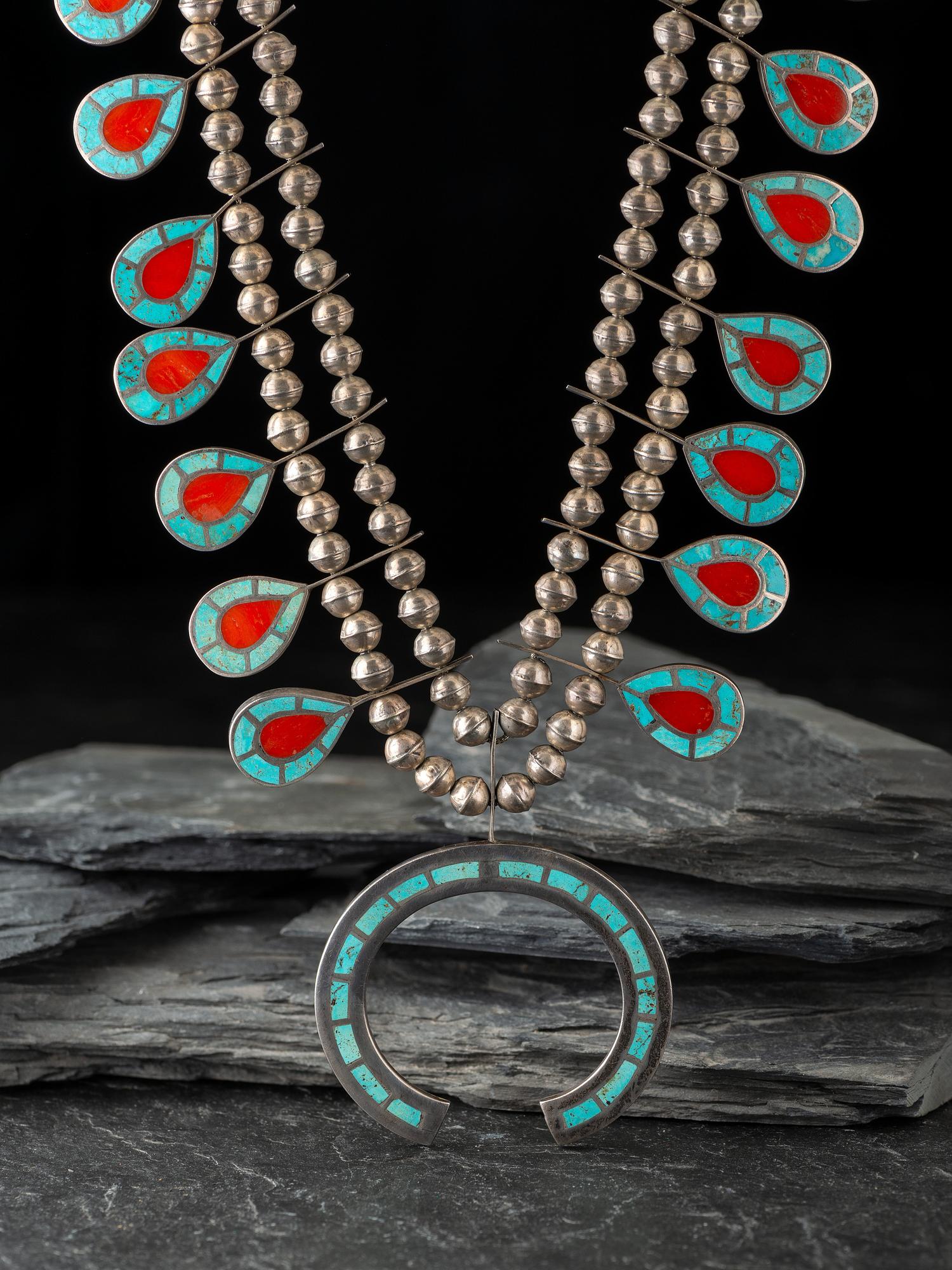 Zuni Channel Inlay Squash Blossom Necklace