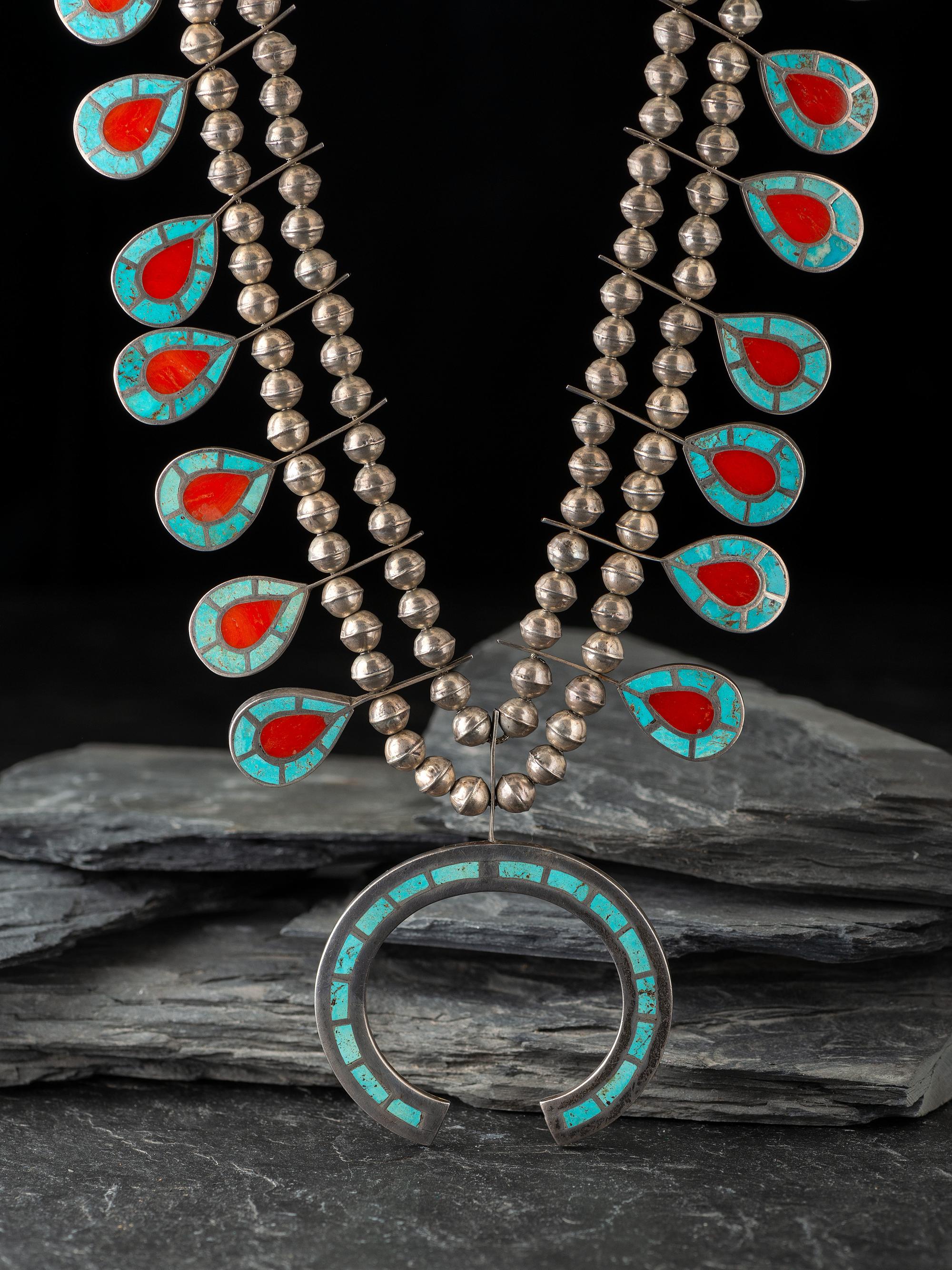 Zuni Channel Inlay Squash Blossom Necklace