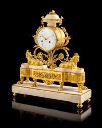 A French Gilt Bronze and Marble Mantel Clock with a Decimal and Conventional Dial Height 19 x width 15 7/8 inches. — CIRCA 1795