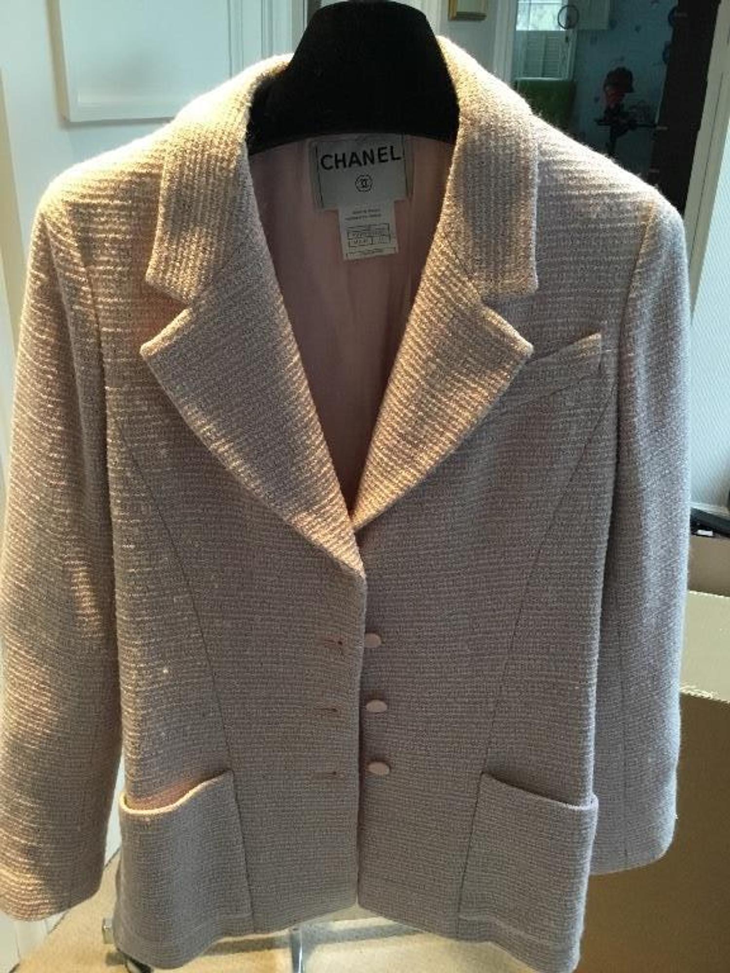 A Chanel Pink and White Tweed Jacket, Size 42.
