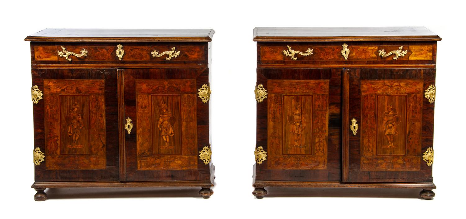 A Pair of Continental Gilt Bronze Mounted Marquetry Commodes Height 35 1/2 x width 39 x depth 18 1/4 inches. — NORTHERN EUROPEAN, INCORPORATING VARIOUS 19TH CENTURY ELEMENTS