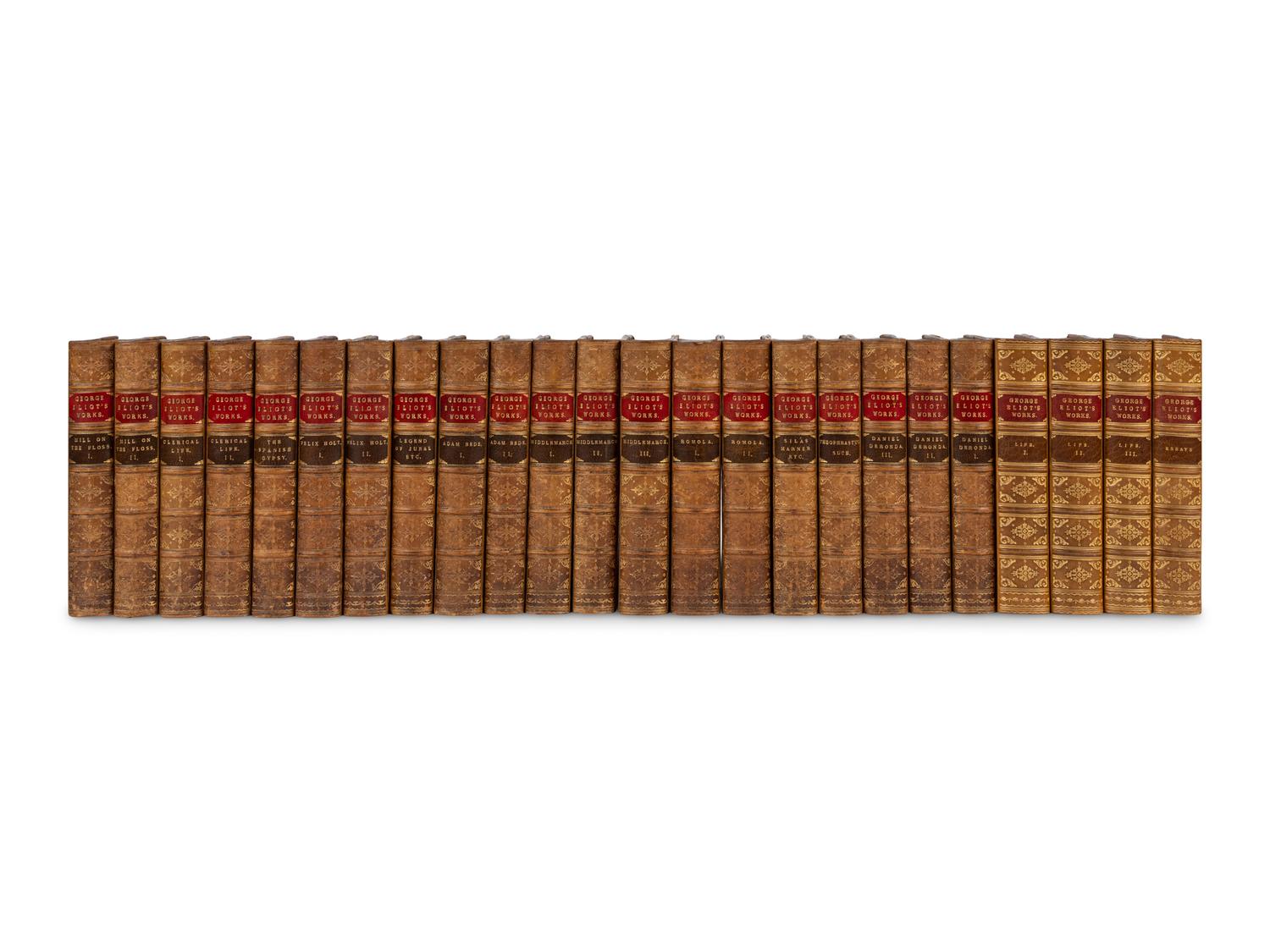 [BINDINGS]. A group of approximately 40 volumes, most in contemporary leather bindings, including works related to British literature, comprising:
