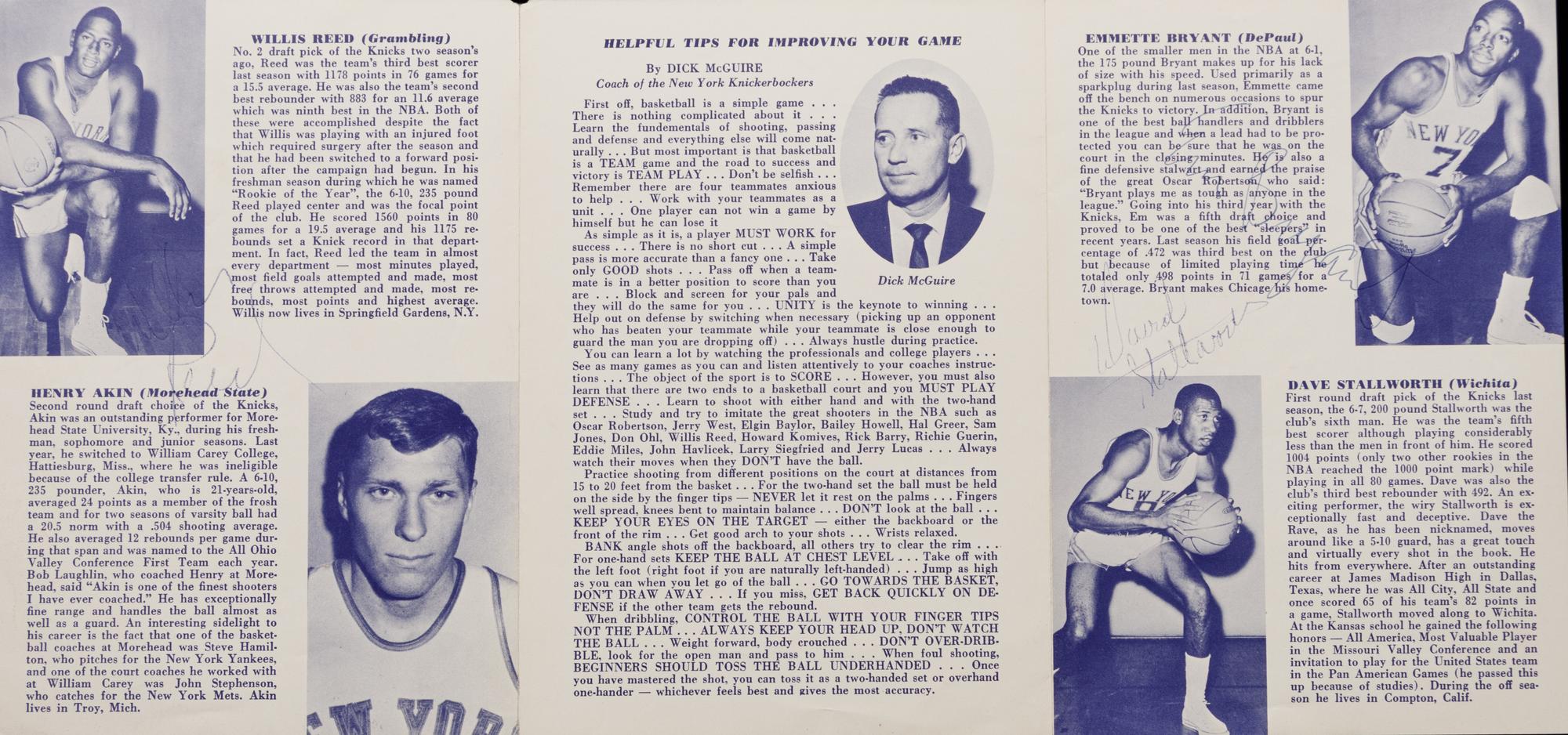 A Group of Four New York Knicks Publications Including a 1966-67 Special Campers Edition Signed by Willis Reed, Emmette Bryant and Dave Stallworth,